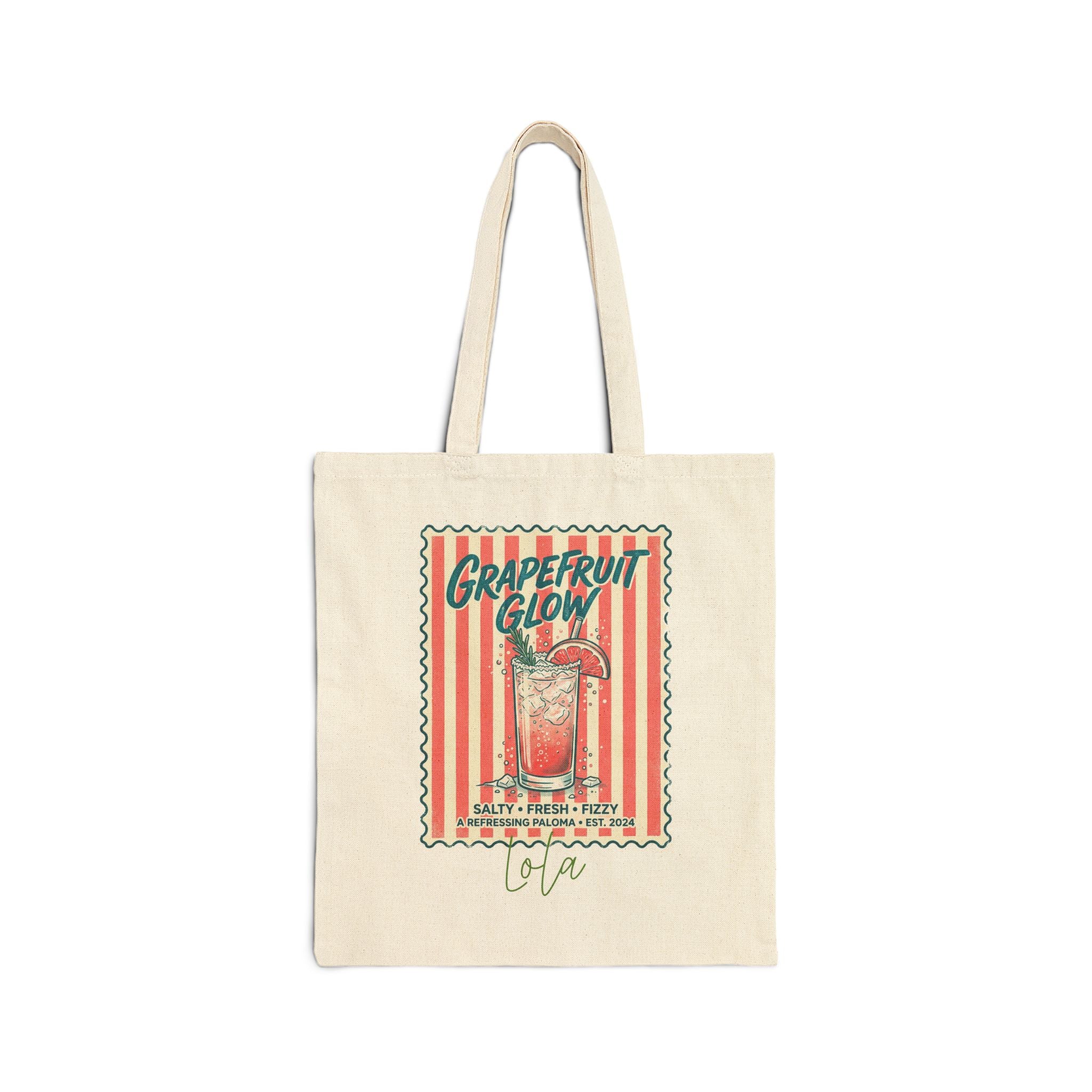 Personalized grapefruit paloma cocktail canvas tote bag with custom name