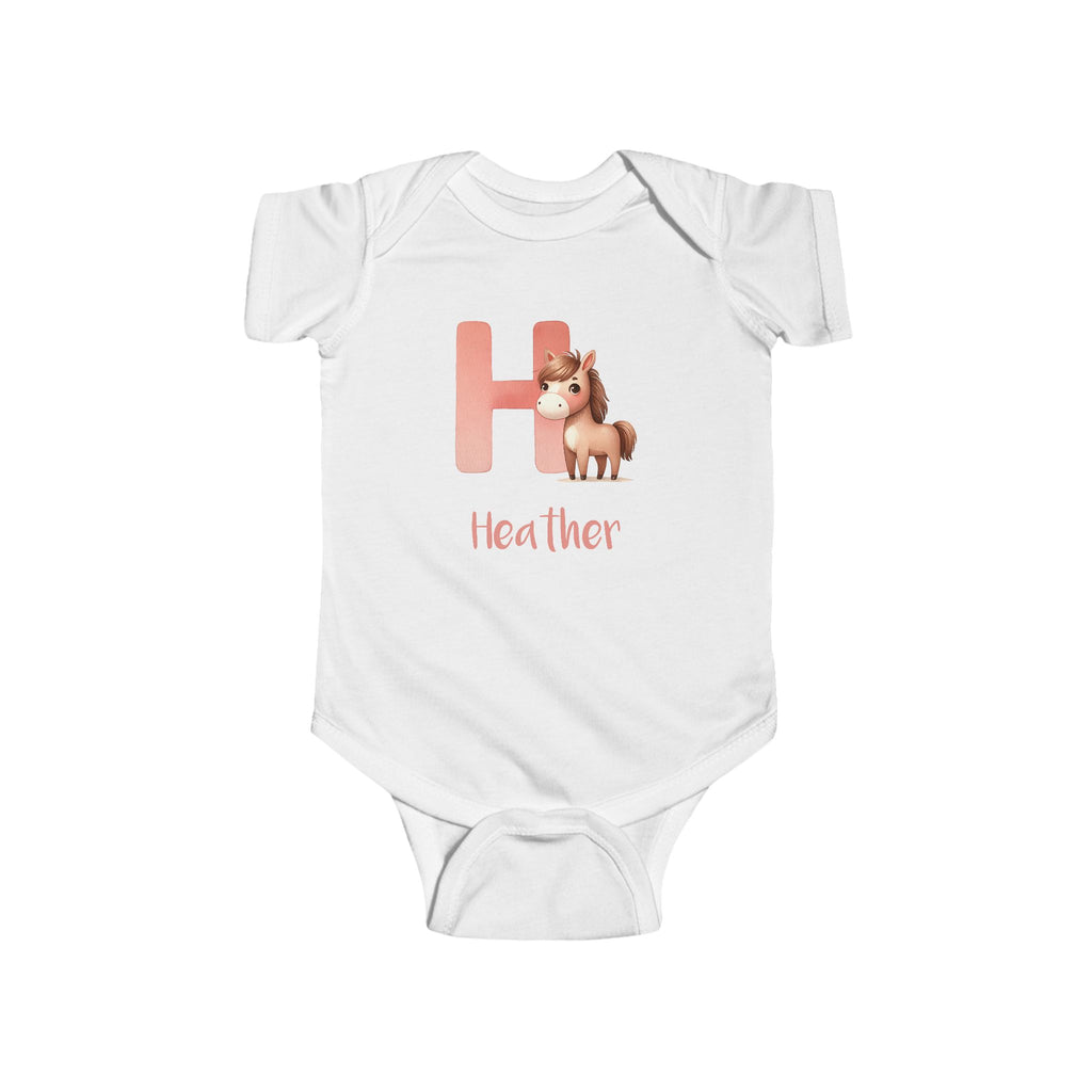 Personalized H baby bodysuit with horse – white cotton onesie with custom name
