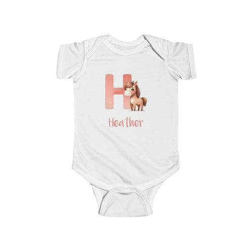 Personalized H baby bodysuit with horse – white cotton onesie with custom name