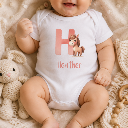Initial H bodysuit with horse and name in script – flat lay