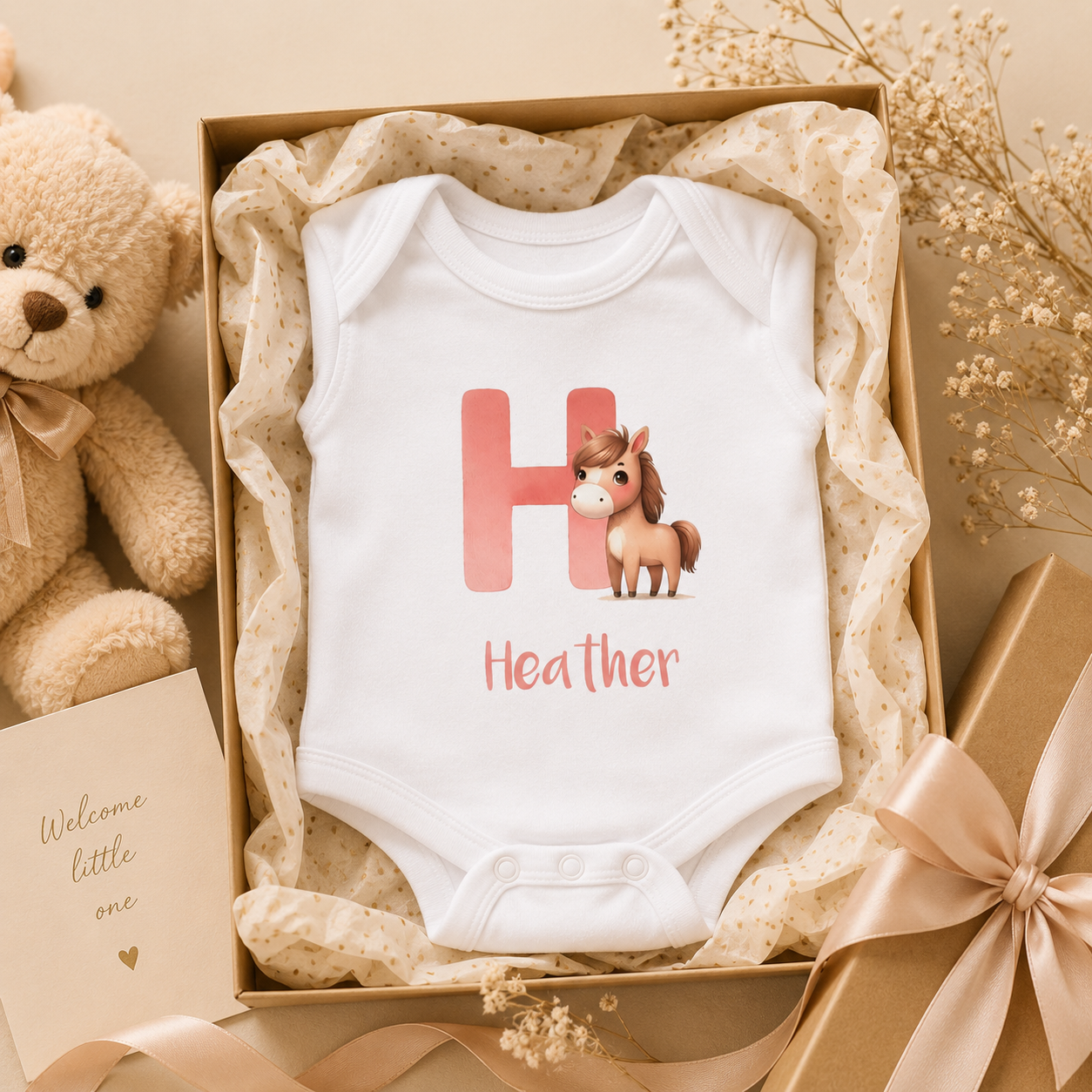 Close-up of H initial and horse design on baby onesie