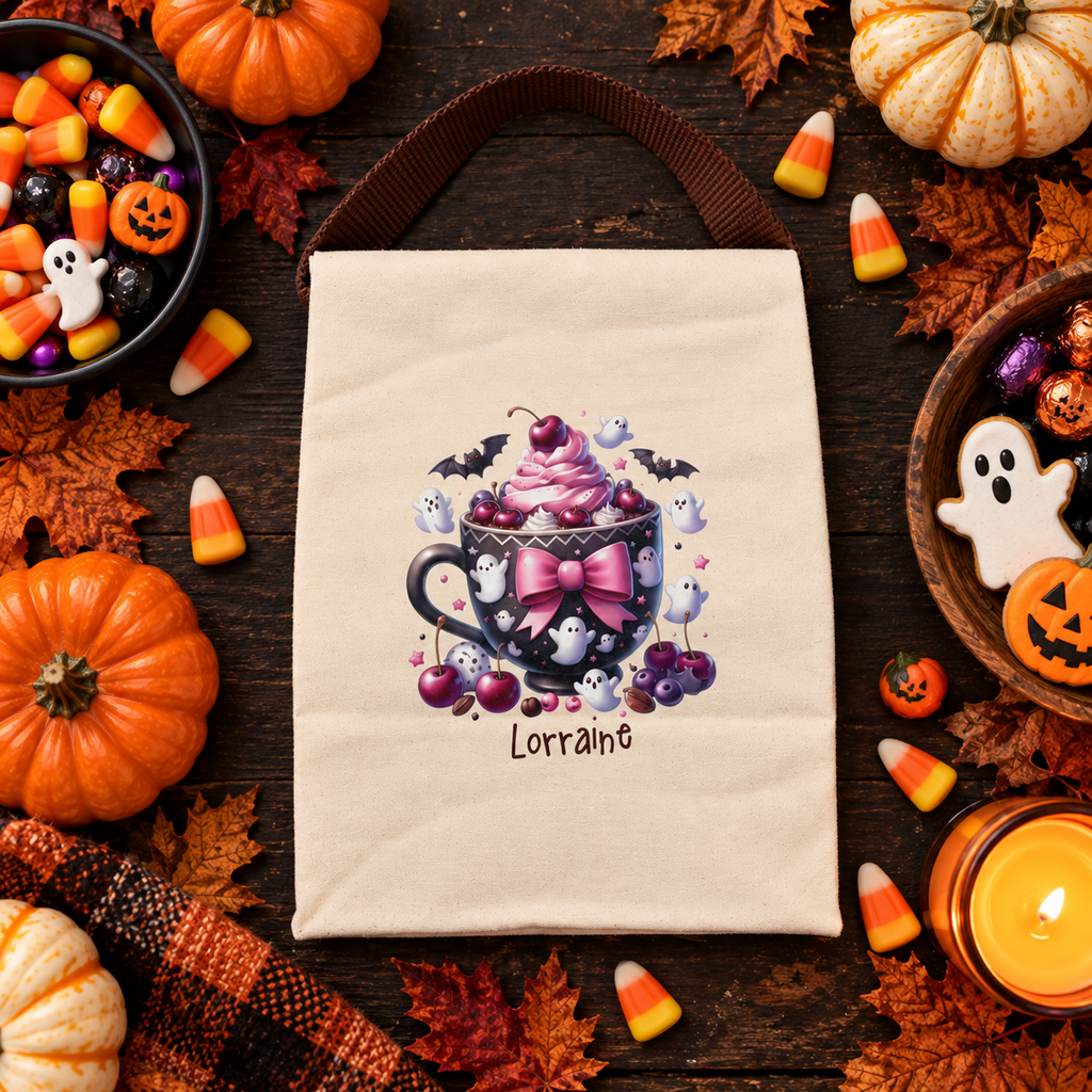 Back view of the Halloween teacup treat canvas lunch bag showing the brown strap handle