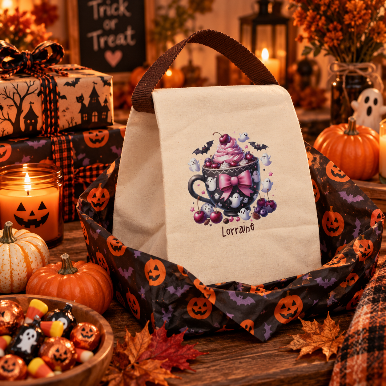 Halloween teacup treat canvas lunch bag shown as a Halloween gift, personalized with custom name