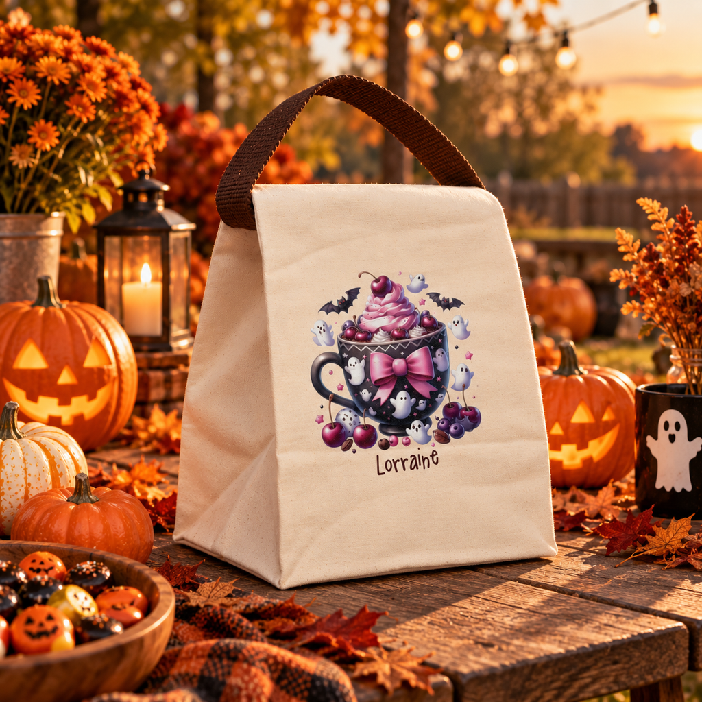 Open view of the Halloween teacup treat canvas lunch bag showing the roomy roll-top interior