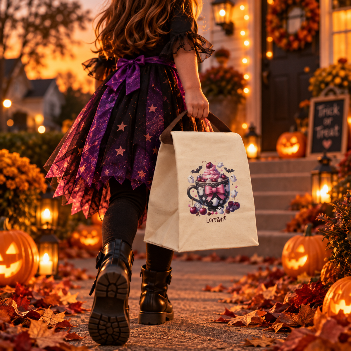 Halloween teacup treat canvas lunch bag styled for a fall lunch, personalized with custom name