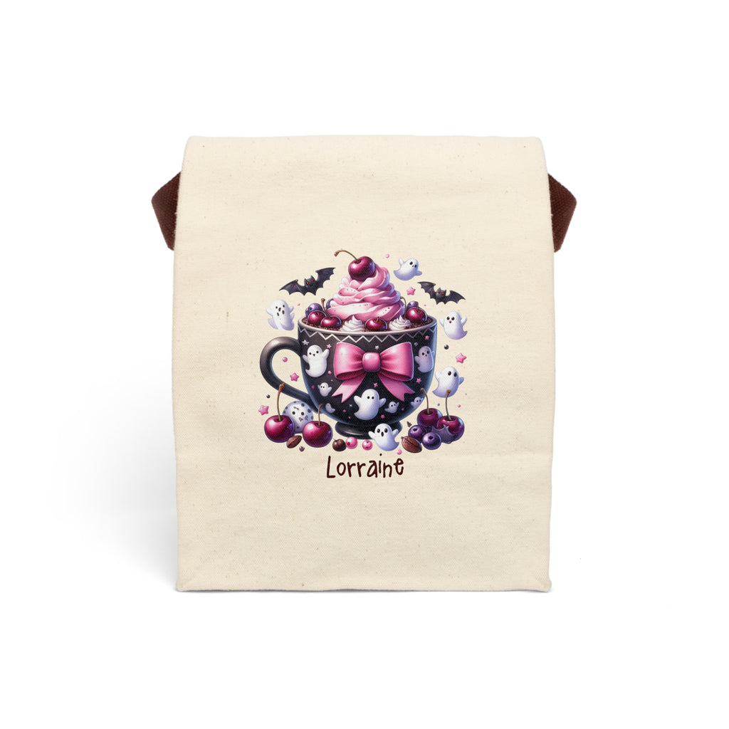 Personalized Halloween teacup treat canvas lunch bag with mini ghosts and custom name
