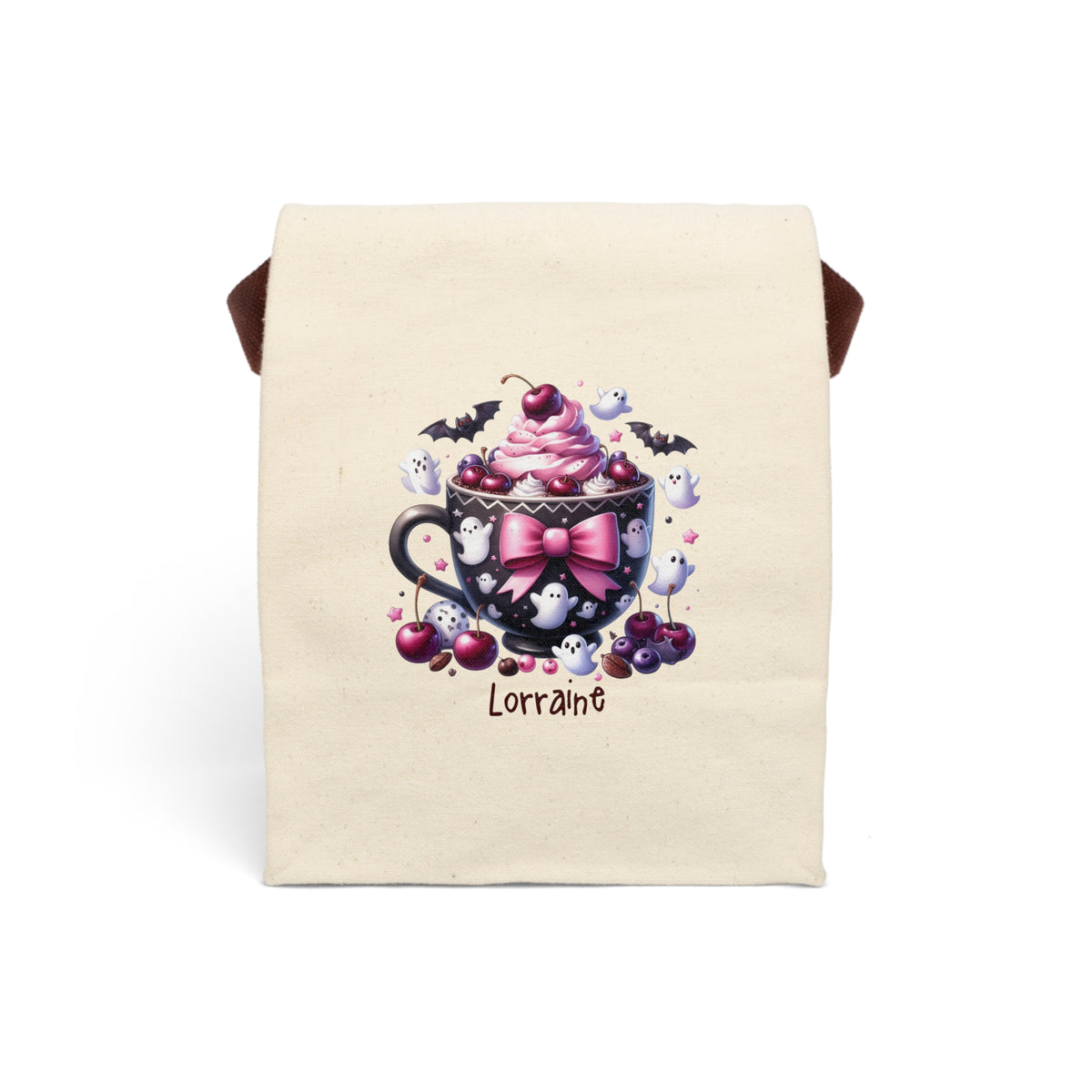 Personalized Halloween teacup treat canvas lunch bag with mini ghosts and custom name