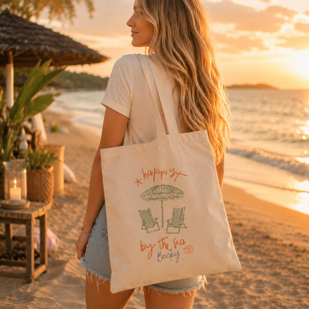 Personalized happiest by the sea tote bag shown worn on shoulder, lifestyle photo