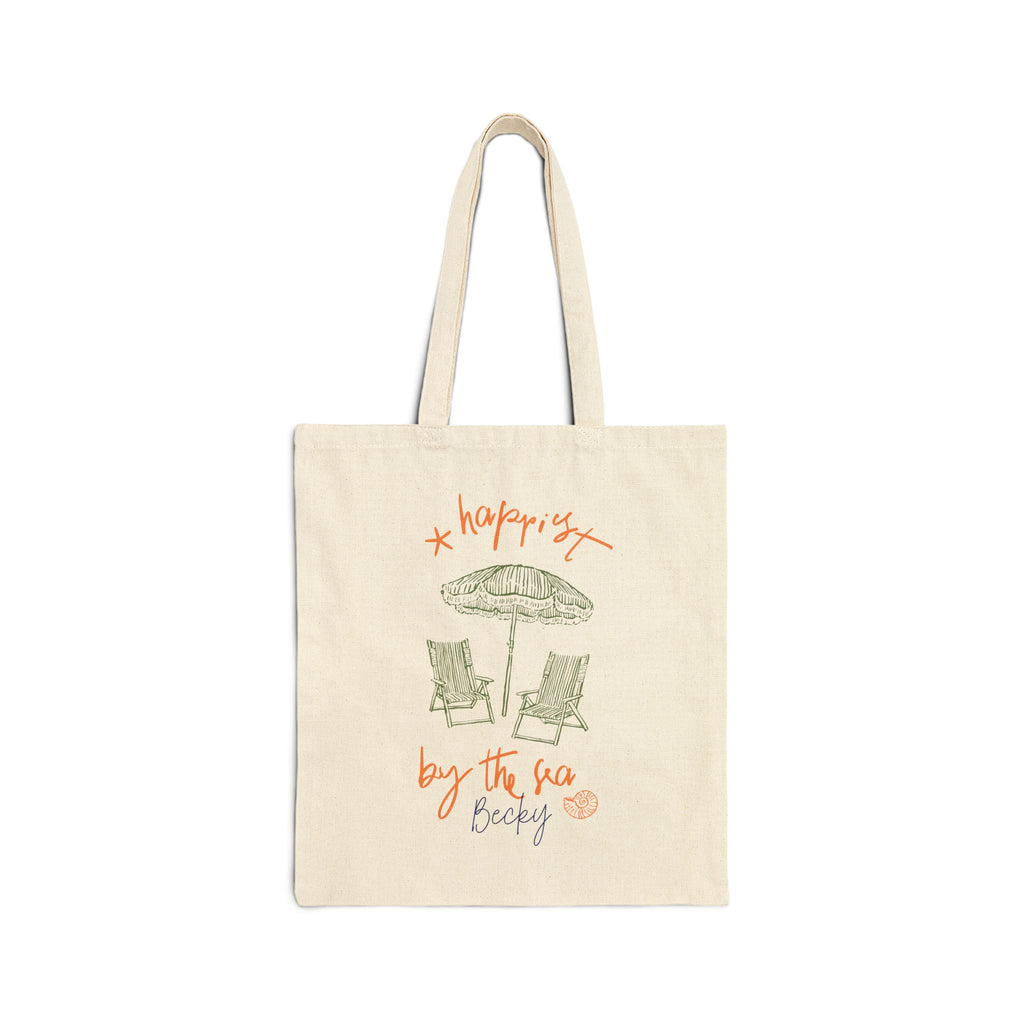 Personalized beach chairs canvas tote bag with custom name, happiest by the sea design