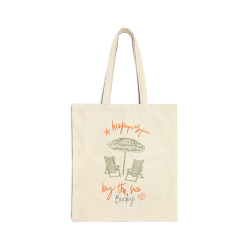 Personalized beach chairs canvas tote bag with custom name, happiest by the sea design