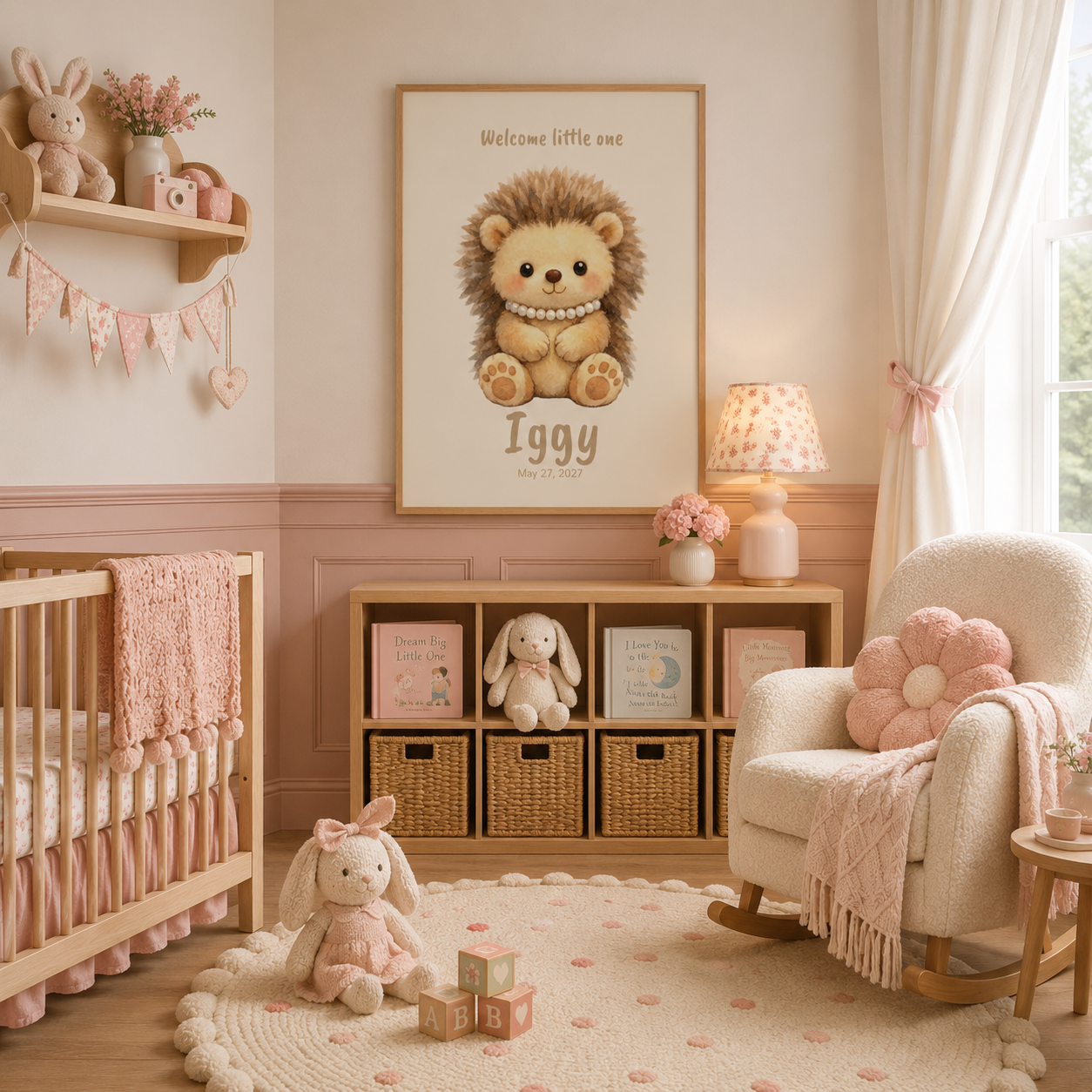 Close-up of hedgehog nursery poster showing personalized name and birth date