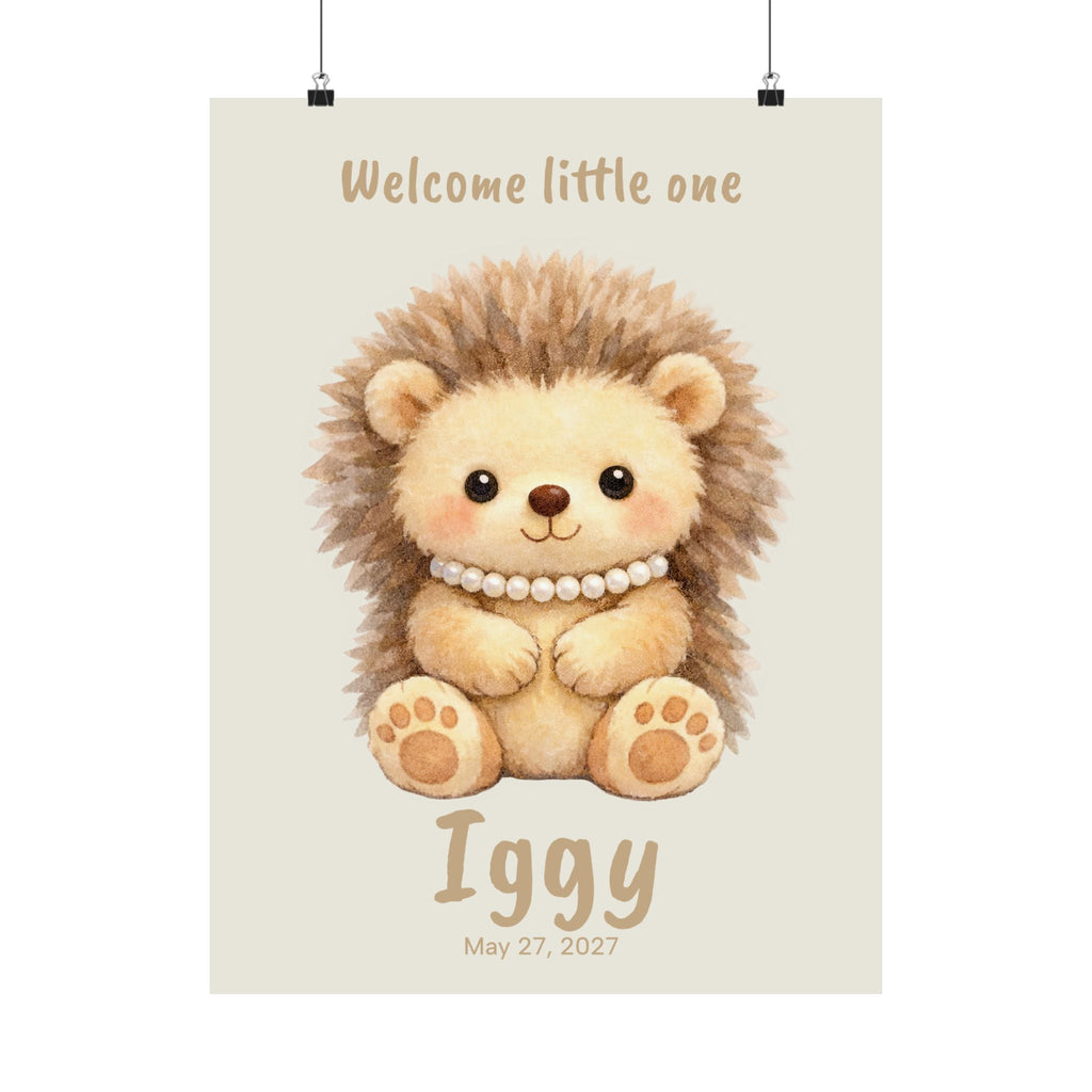 Personalized hedgehog with pearl necklace nursery poster, custom baby name and birth date