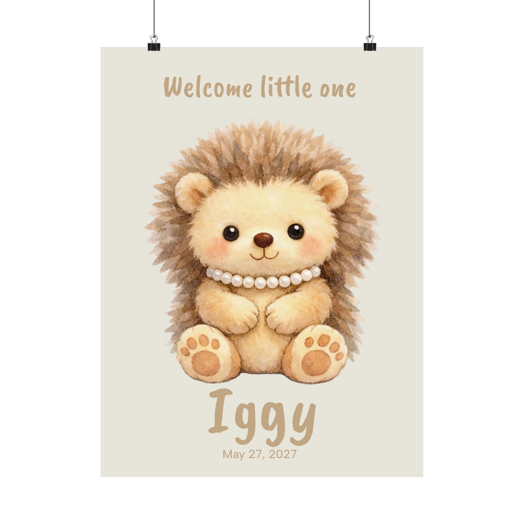 Personalized hedgehog with pearl necklace nursery poster, custom baby name and birth date