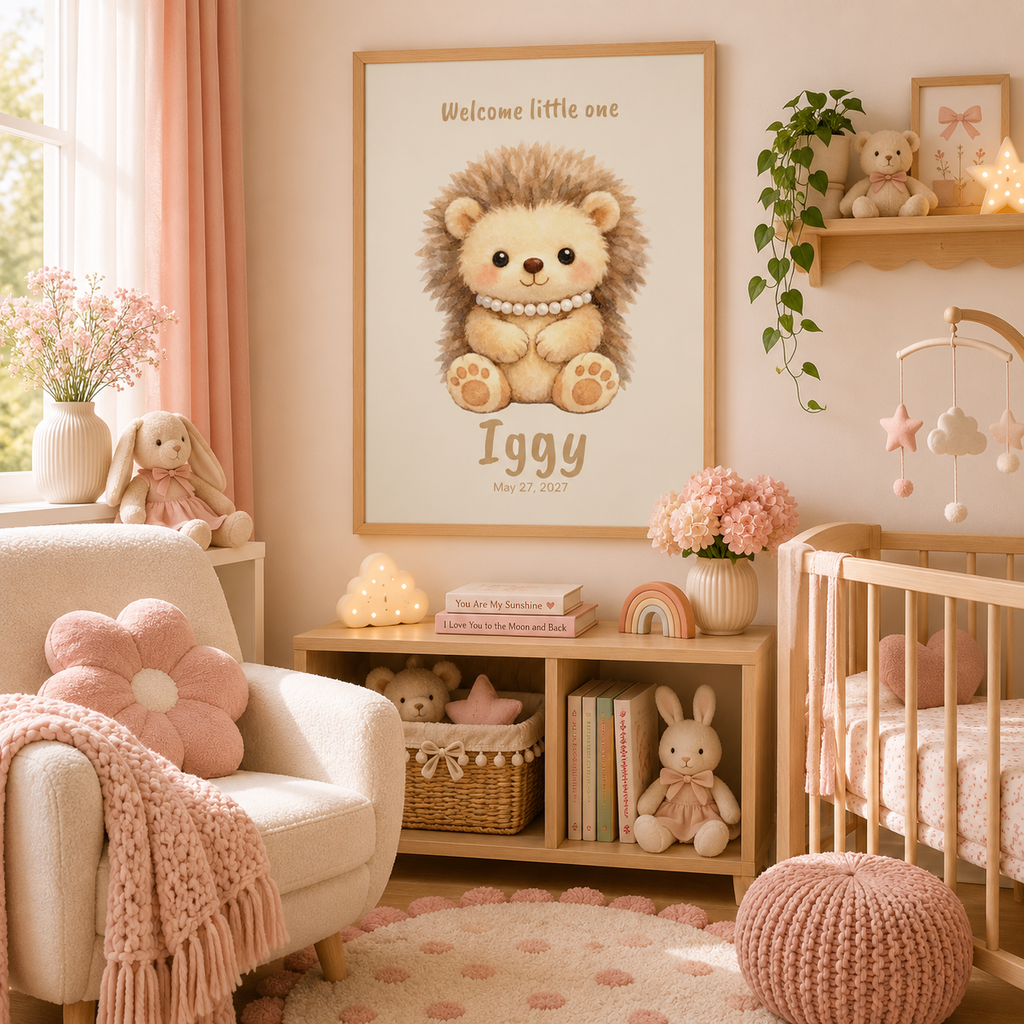 Sweet hedgehog baby name poster displayed in woodland nursery room