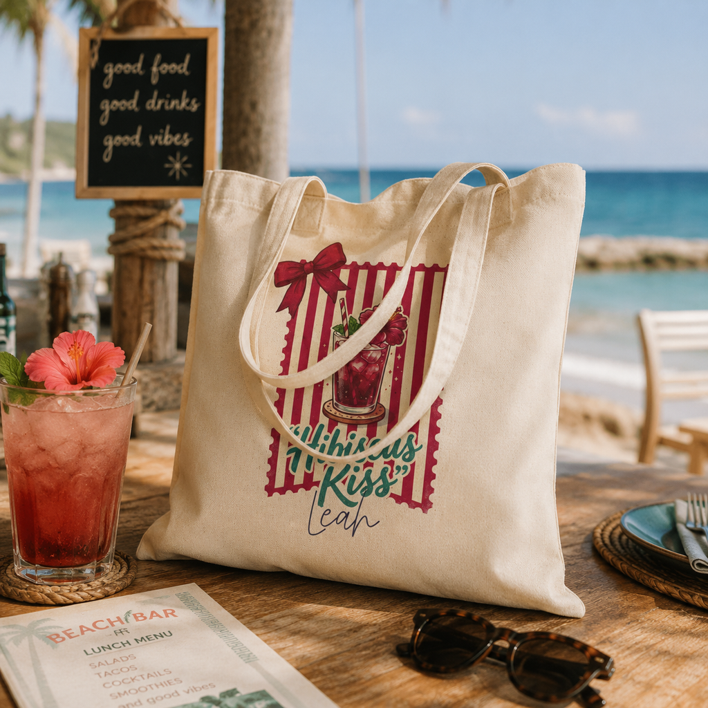 Personalized hibiscus kiss tote bag shown worn on shoulder, lifestyle photo