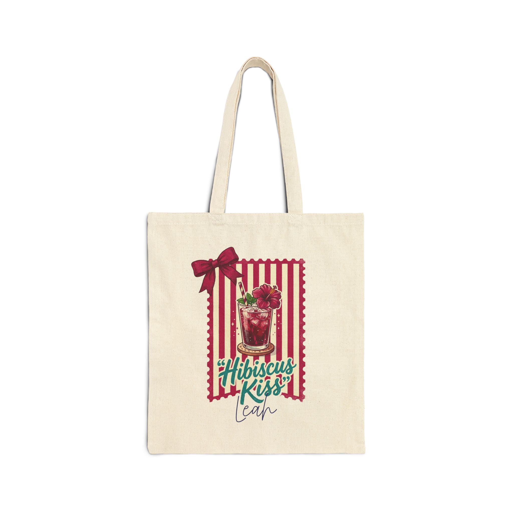 Personalized hibiscus kiss cocktail canvas tote bag with custom name