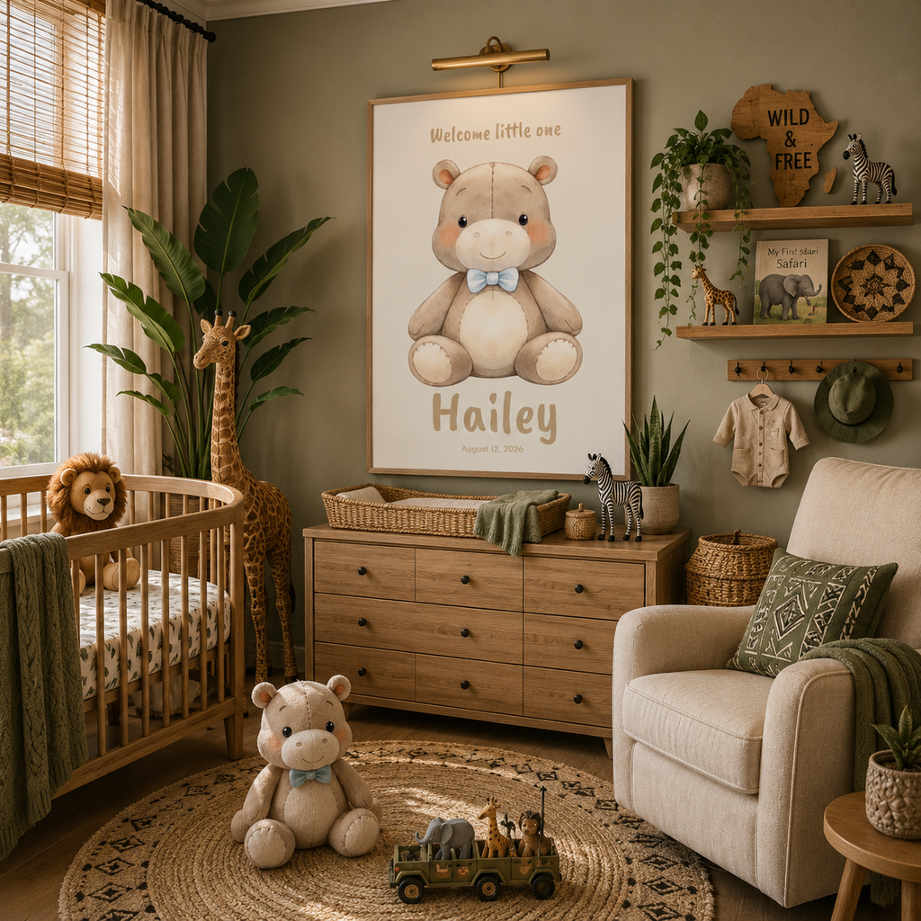 Close-up of hippo poster showing personalized name and birth date