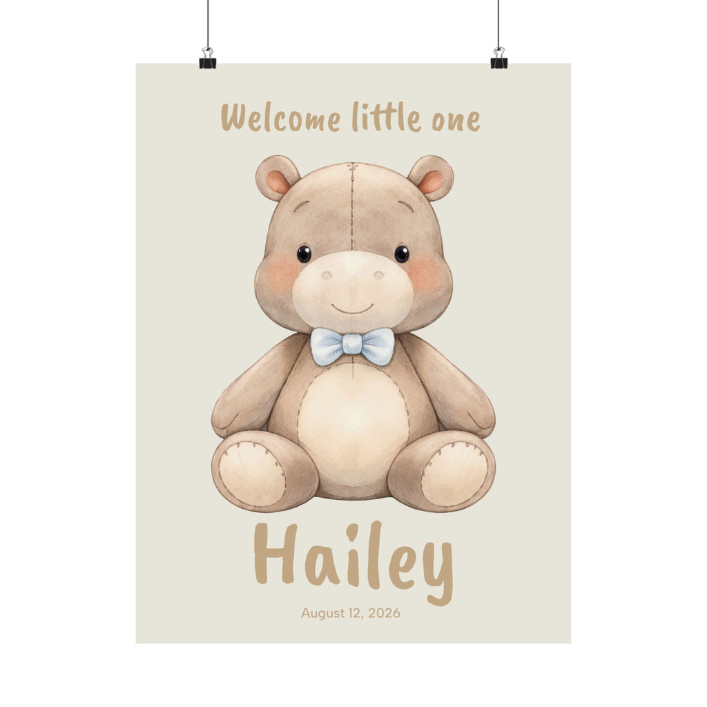 Personalized hippo with blue bow tie nursery poster, custom baby name and birth date