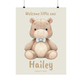 Personalized hippo with blue bow tie nursery poster, custom baby name and birth date
