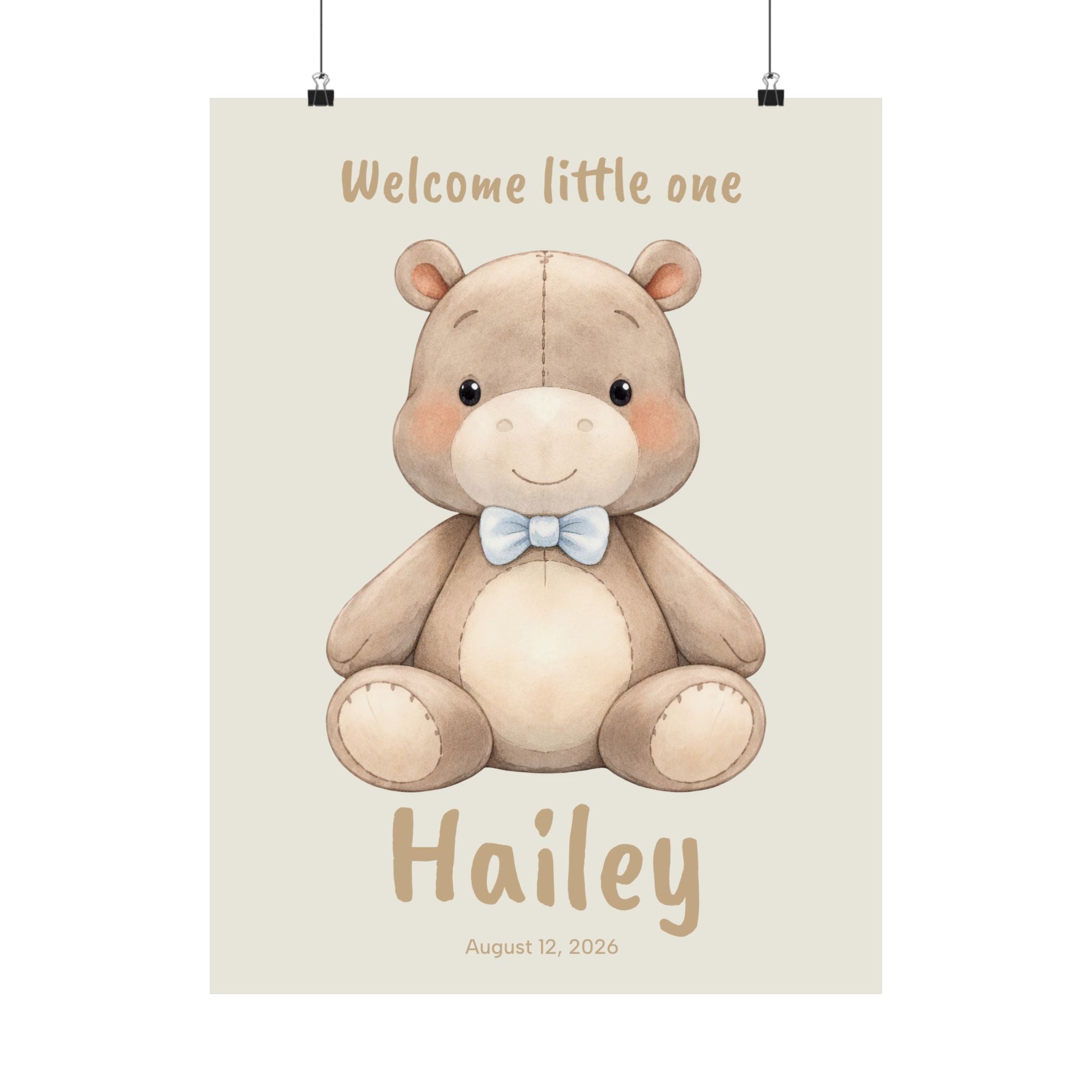 Personalized hippo with blue bow tie nursery poster, custom baby name and birth date