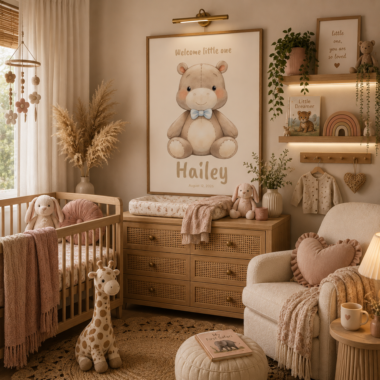 Round plush hippo baby name poster in nursery room
