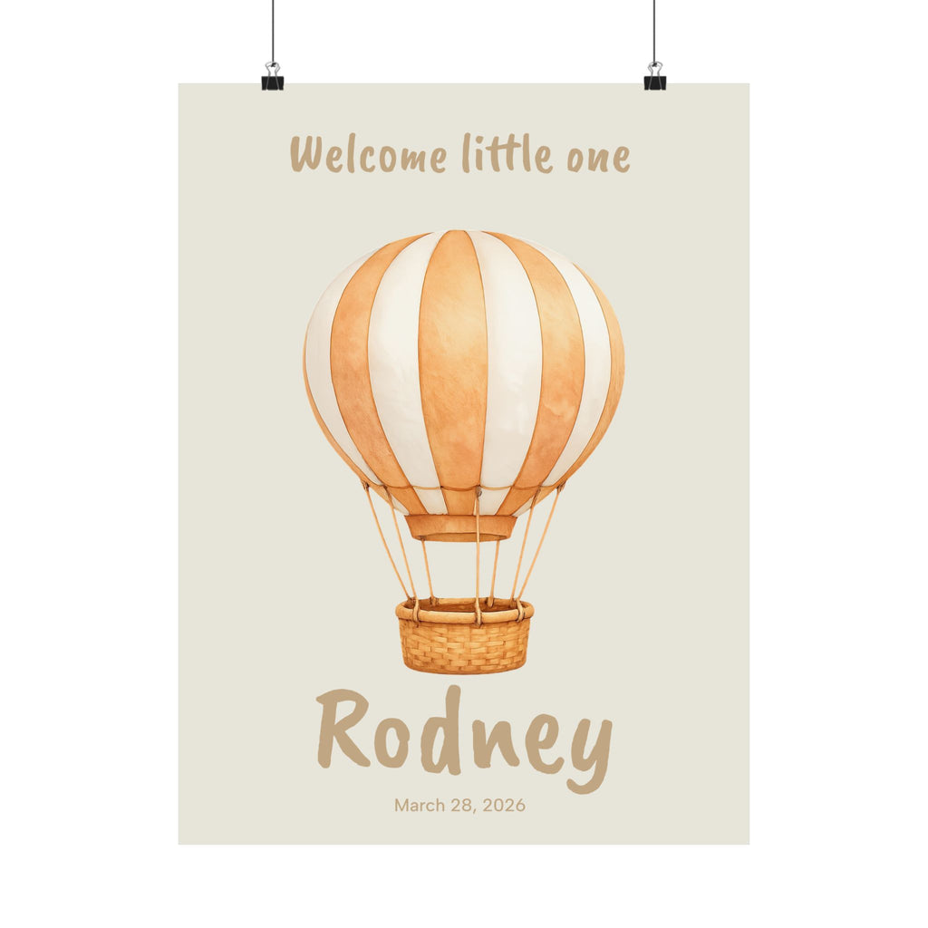Personalized hot air balloon nursery poster with custom baby name and birth date