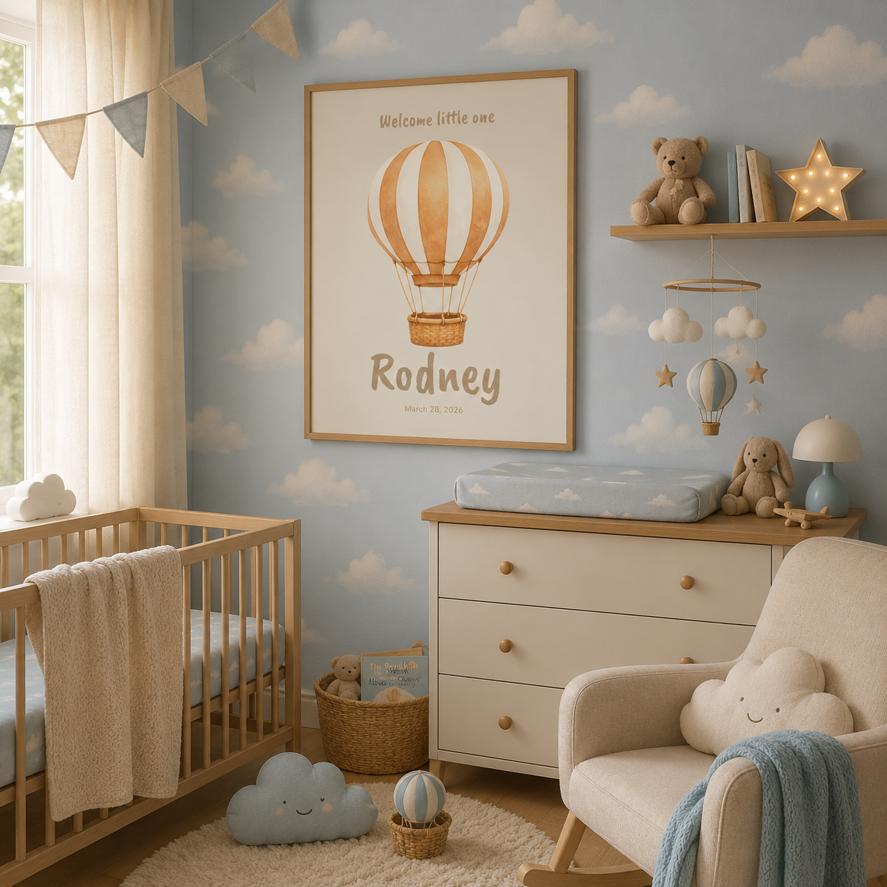 Watercolor hot air balloon baby name poster in nursery room