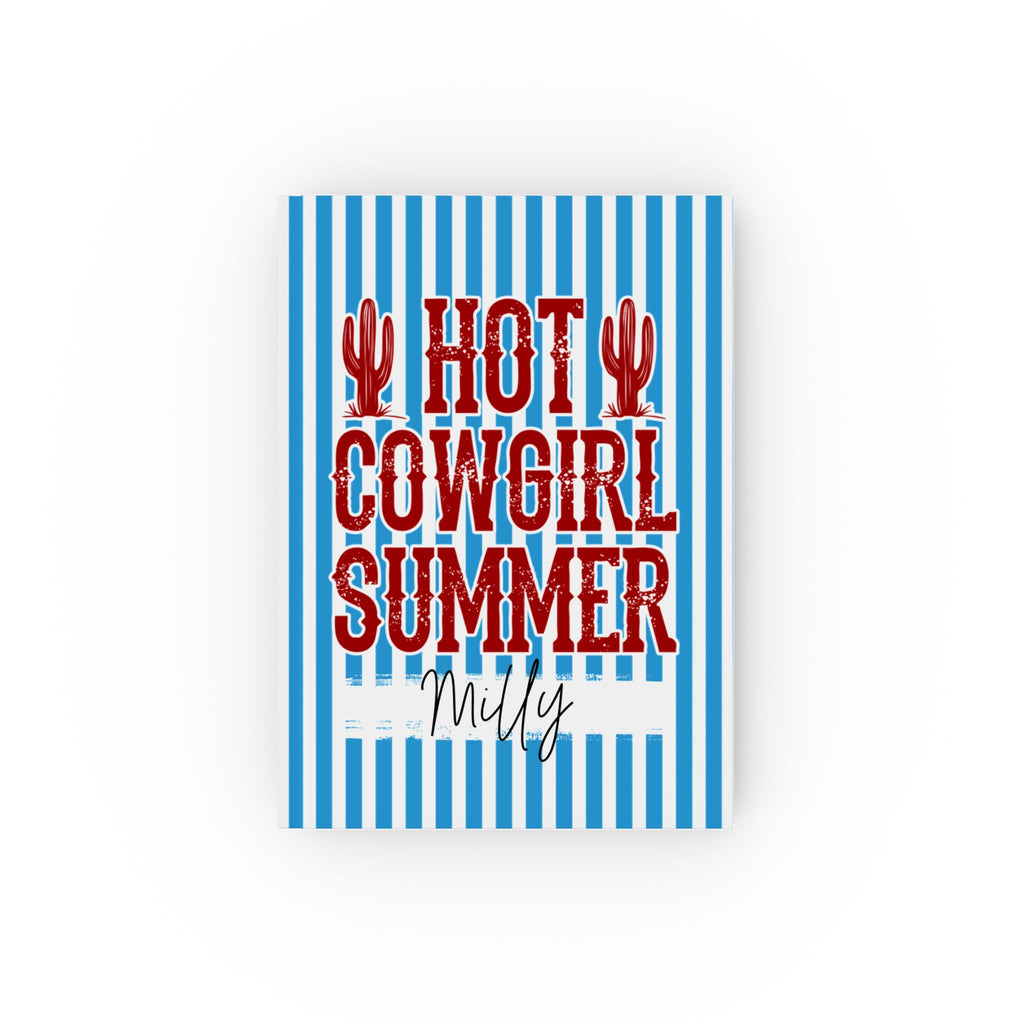 Personalized Hot Cowgirl Summer journal blue – blue stripe hardcover with red design and name Milly