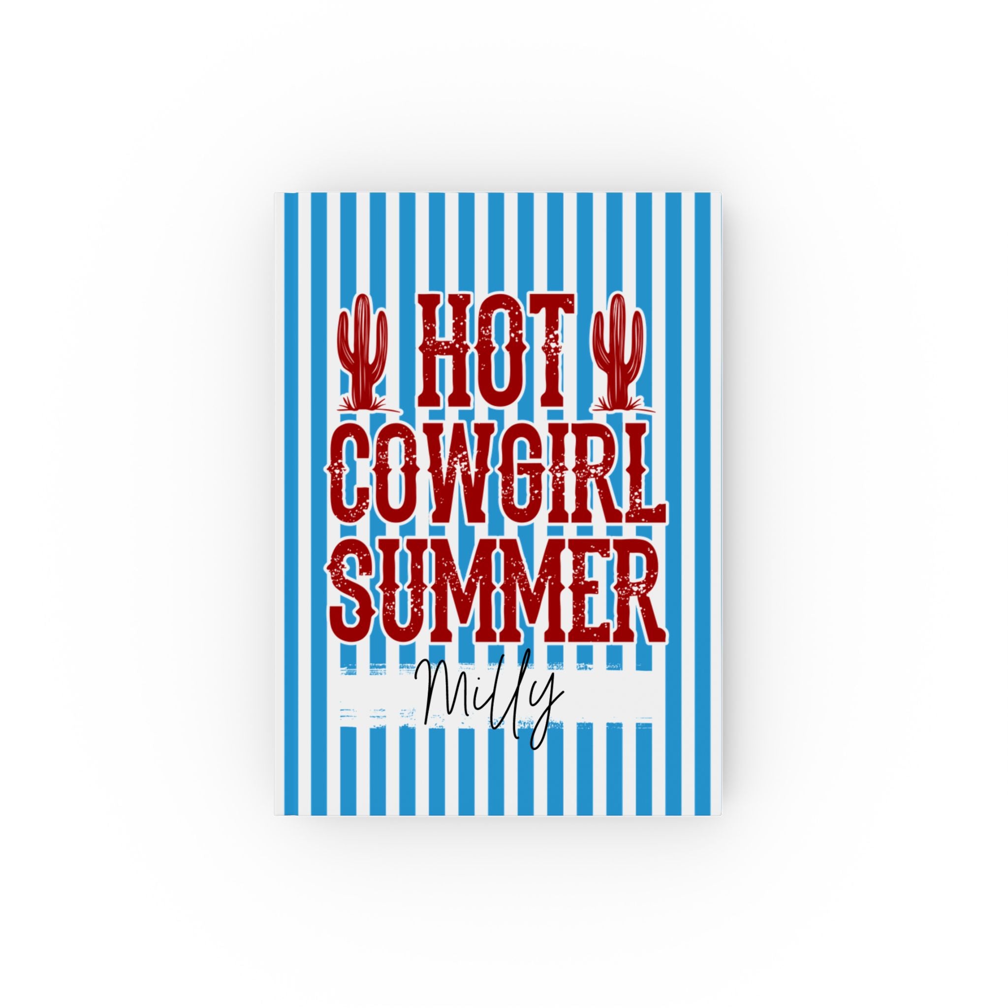 Personalized Hot Cowgirl Summer journal blue – blue stripe hardcover with red design and name Milly