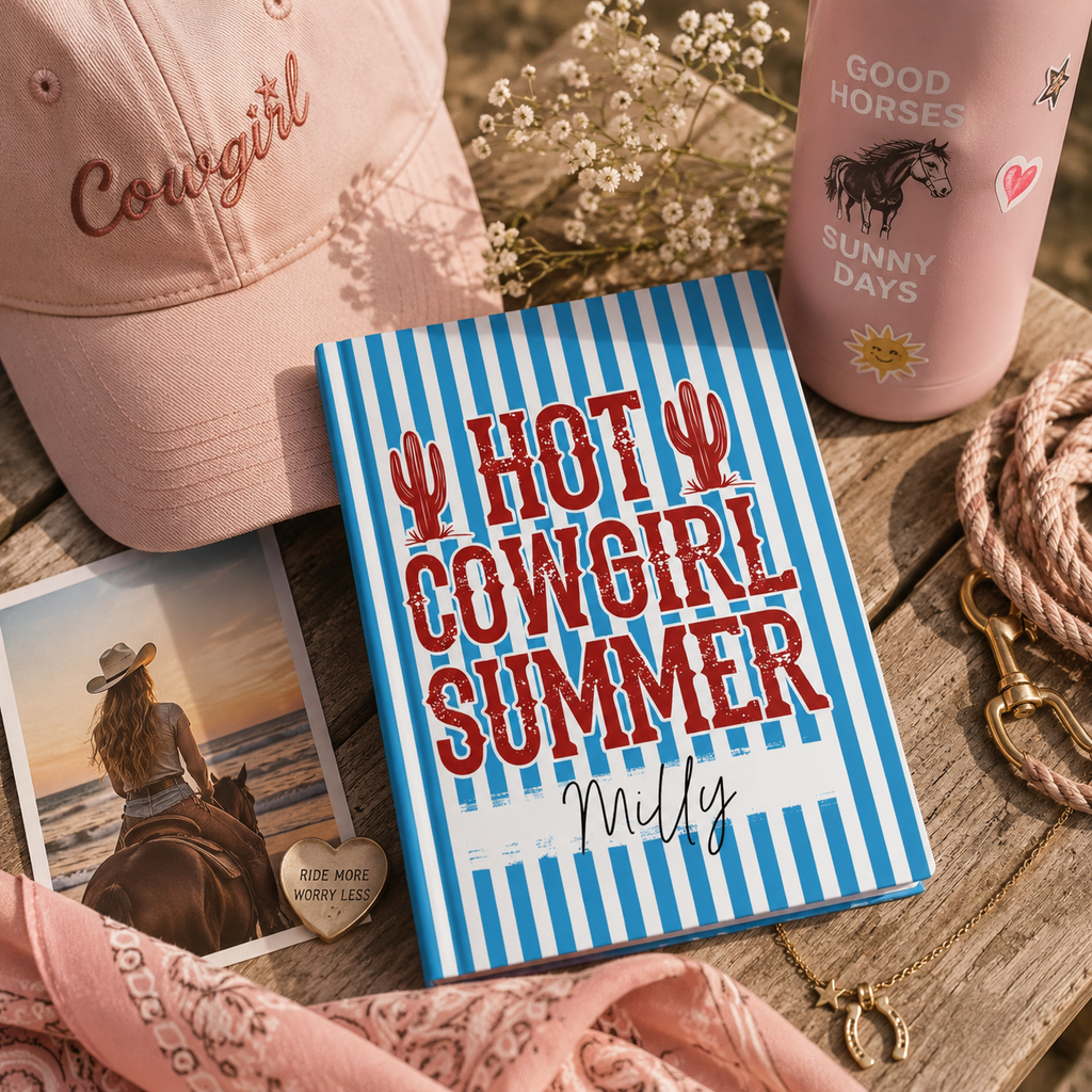 Blue stripe Hot Cowgirl Summer journal open flat – casewrap binding and 90gsm pages