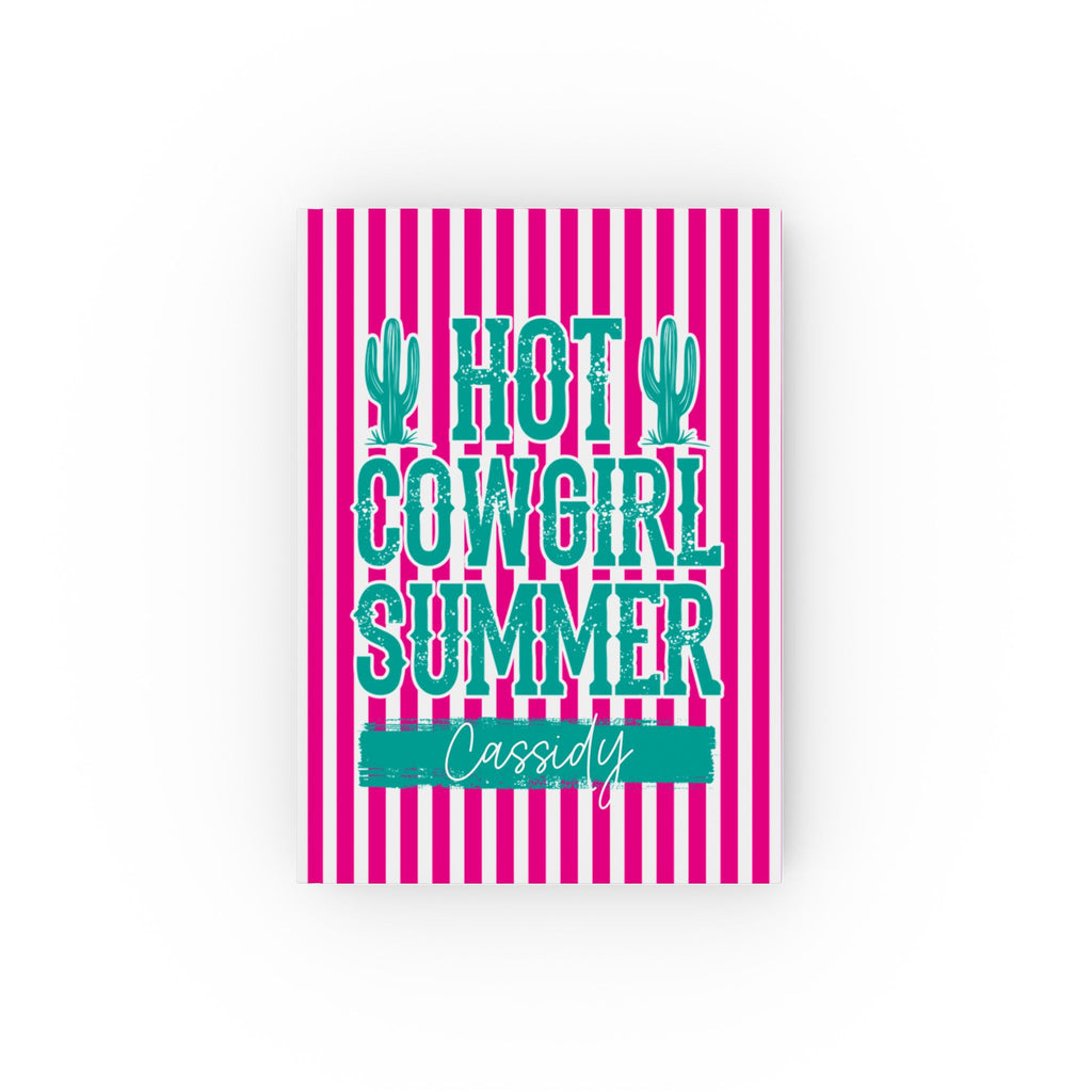 Personalized Hot Cowgirl Summer journal pink – hot pink stripe hardcover with teal design and name Cassidy