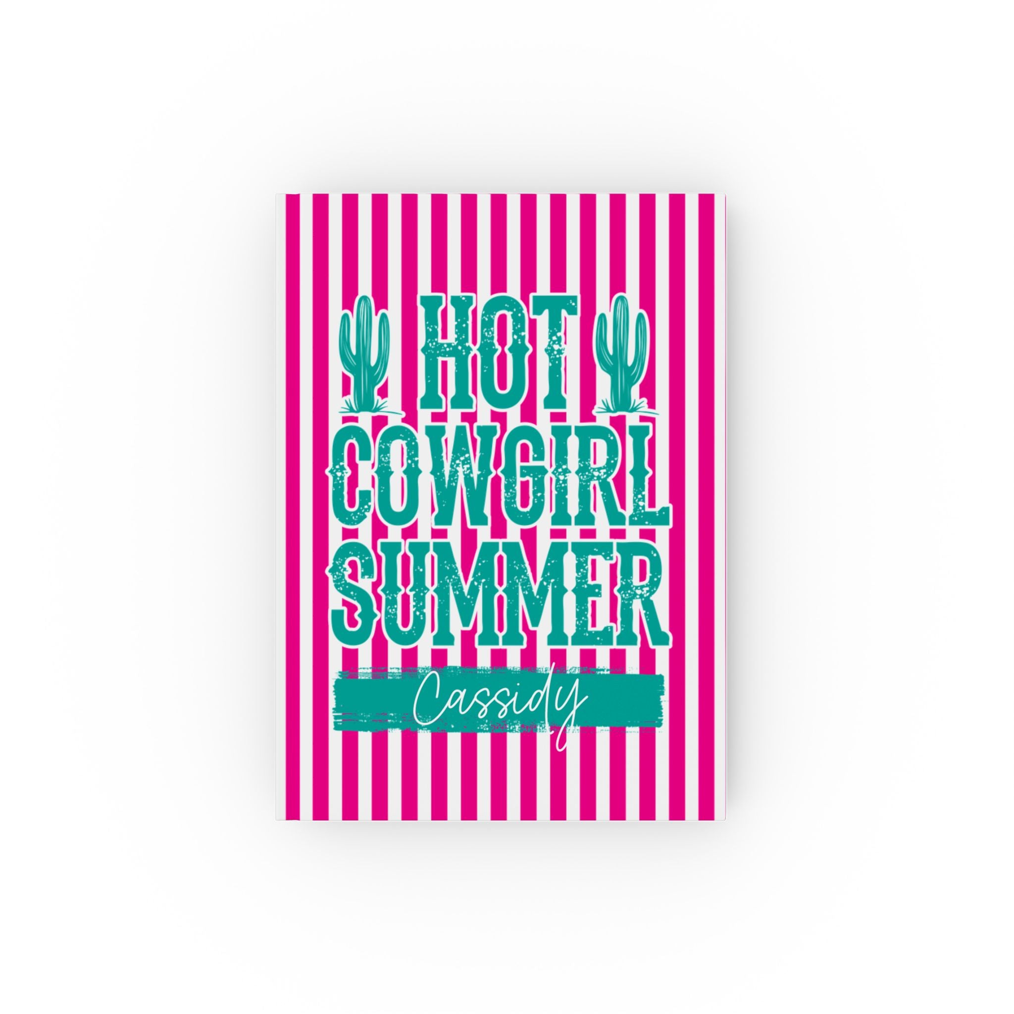 Personalized Hot Cowgirl Summer journal pink – hot pink stripe hardcover with teal design and name Cassidy