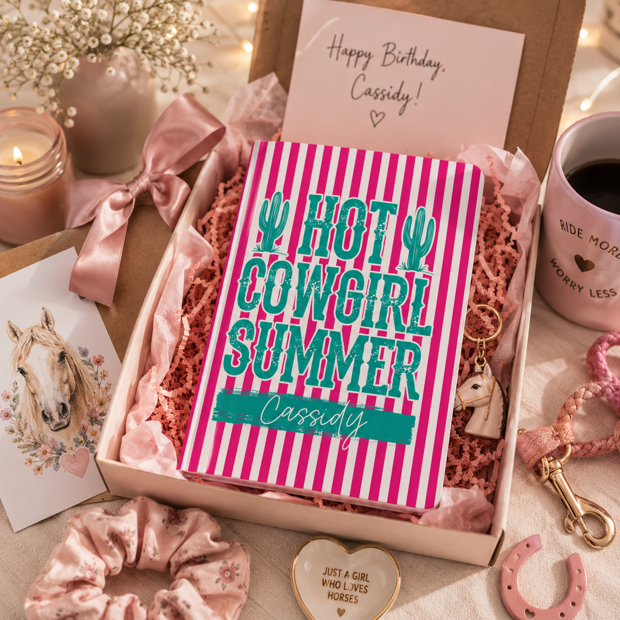 Personalized pink cowgirl journal lifestyle – hot pink stripe notebook on bright desk