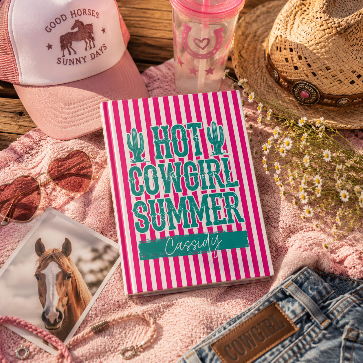 Pink stripe Hot Cowgirl Summer journal open flat – casewrap binding and 90gsm pages