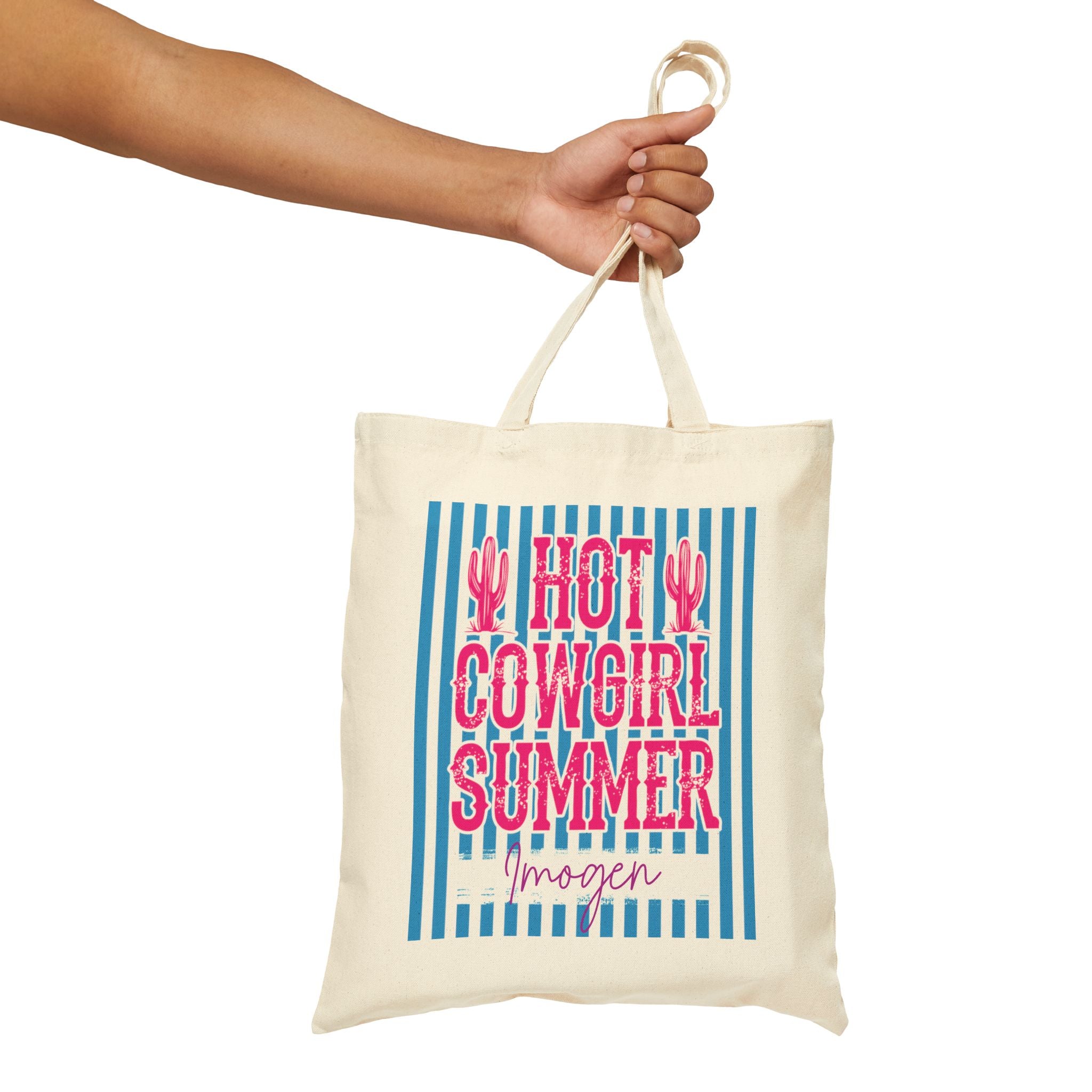 Personalized hot cowgirl summer canvas tote bag styled in a home setting