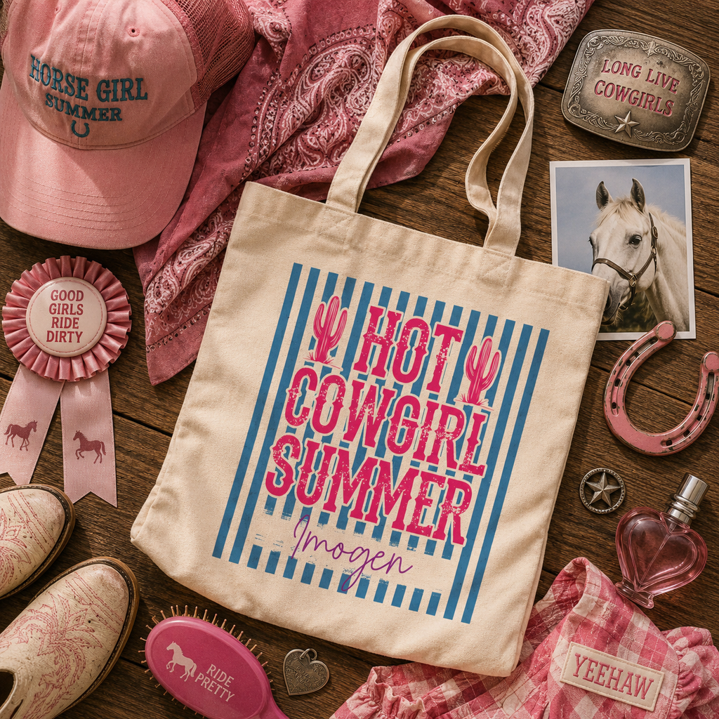 Personalized hot cowgirl summer tote bag shown worn on shoulder, lifestyle photo