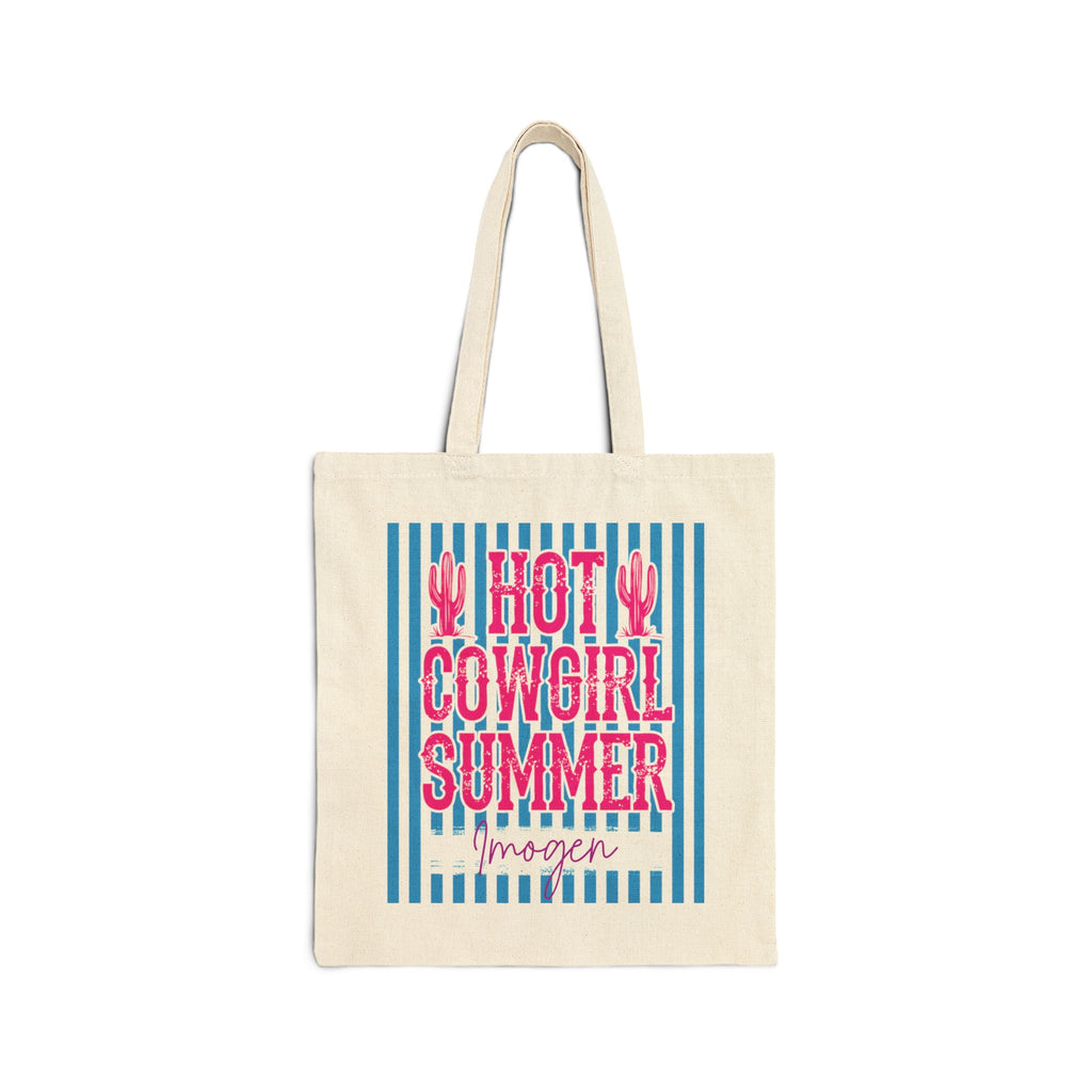 Personalized hot cowgirl summer canvas tote bag with custom name, hot pink and blue cactus design