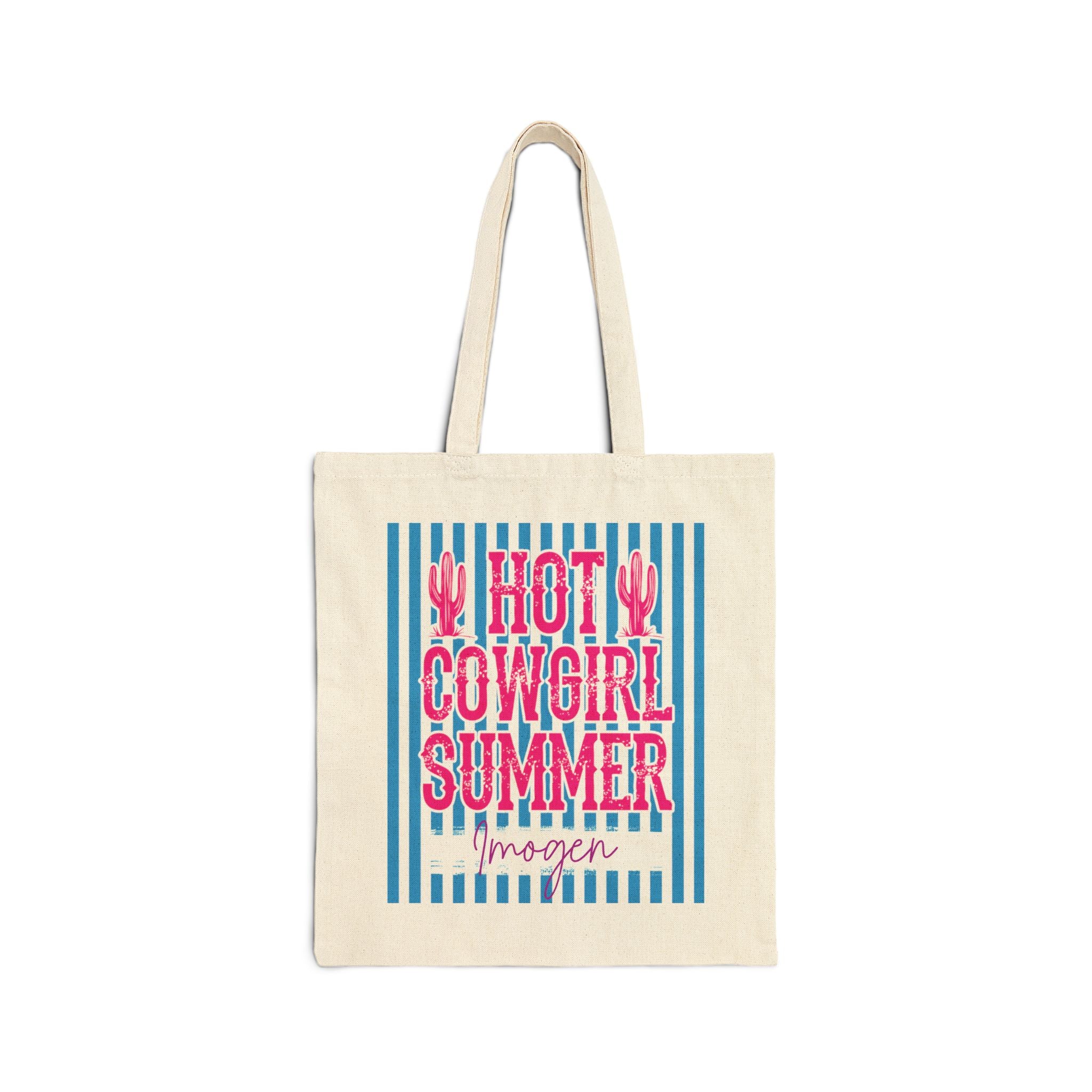 Personalized hot cowgirl summer canvas tote bag with custom name, hot pink and blue cactus design