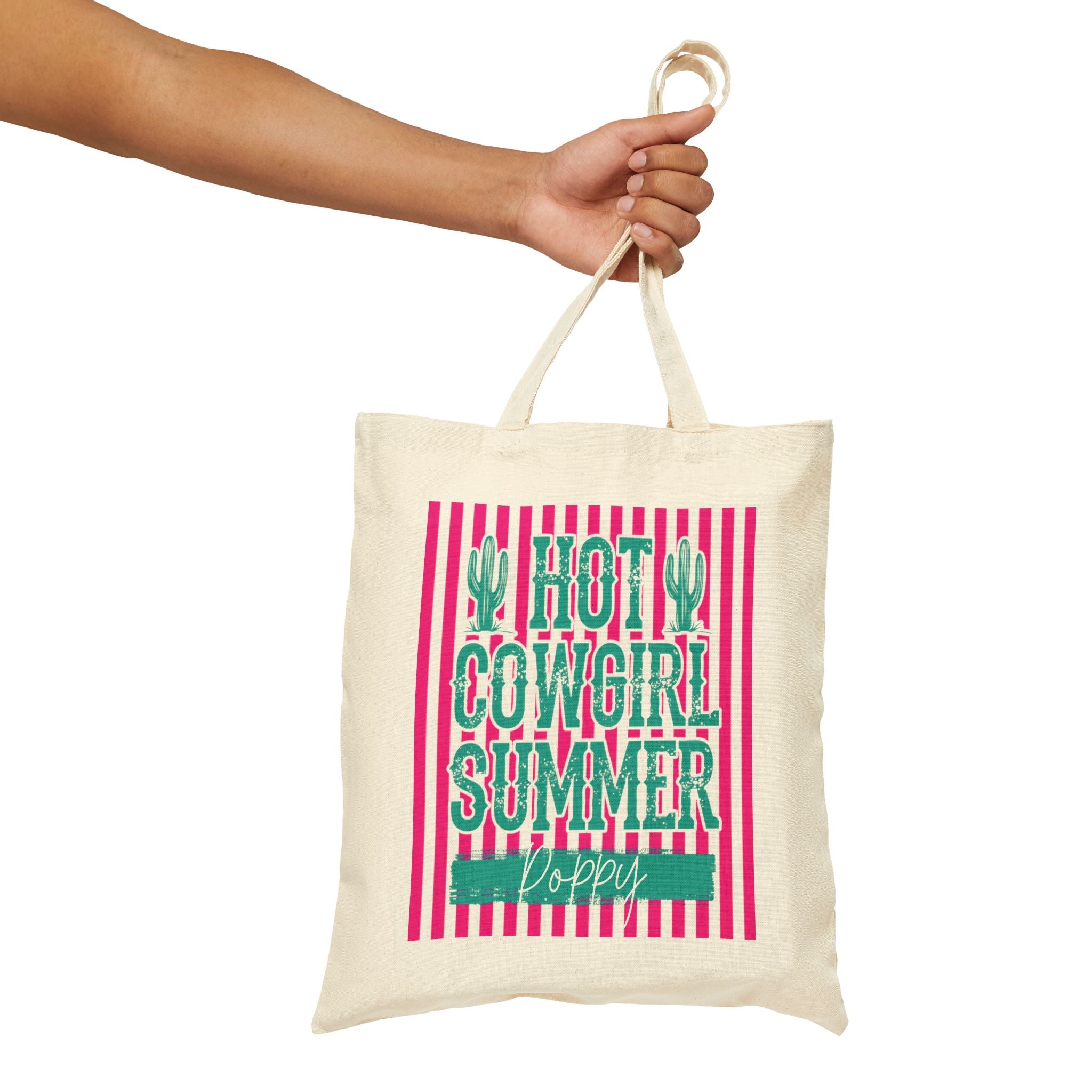 Personalized hot cowgirl summer canvas tote bag styled in a home setting