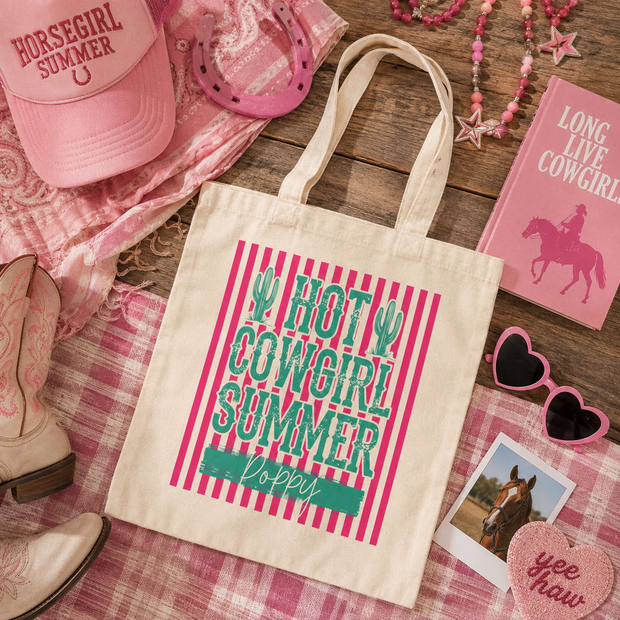 Personalized hot cowgirl summer tote bag shown worn on shoulder, lifestyle photo