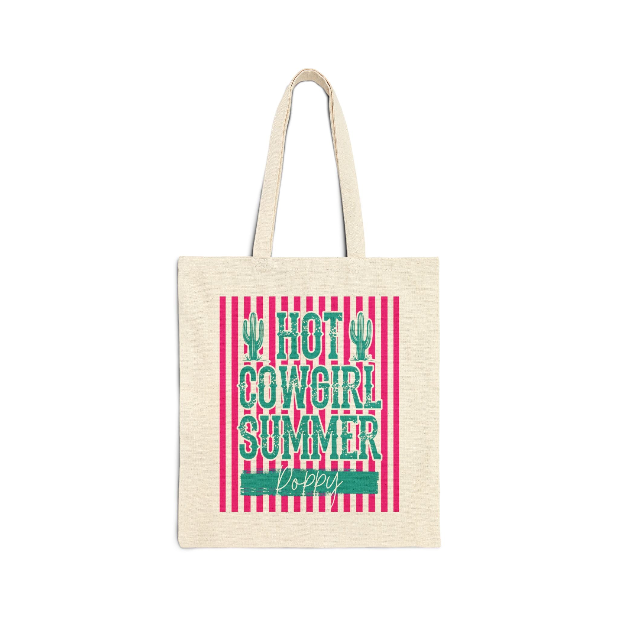 Personalized hot cowgirl summer canvas tote bag with custom name, pink and green cactus design