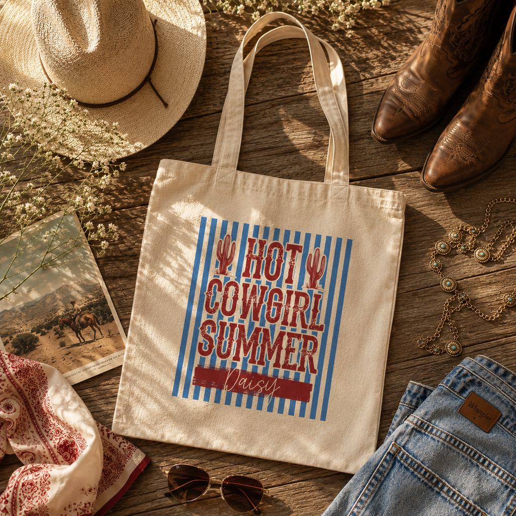 Close-up of cactus print and custom name on canvas tote bag