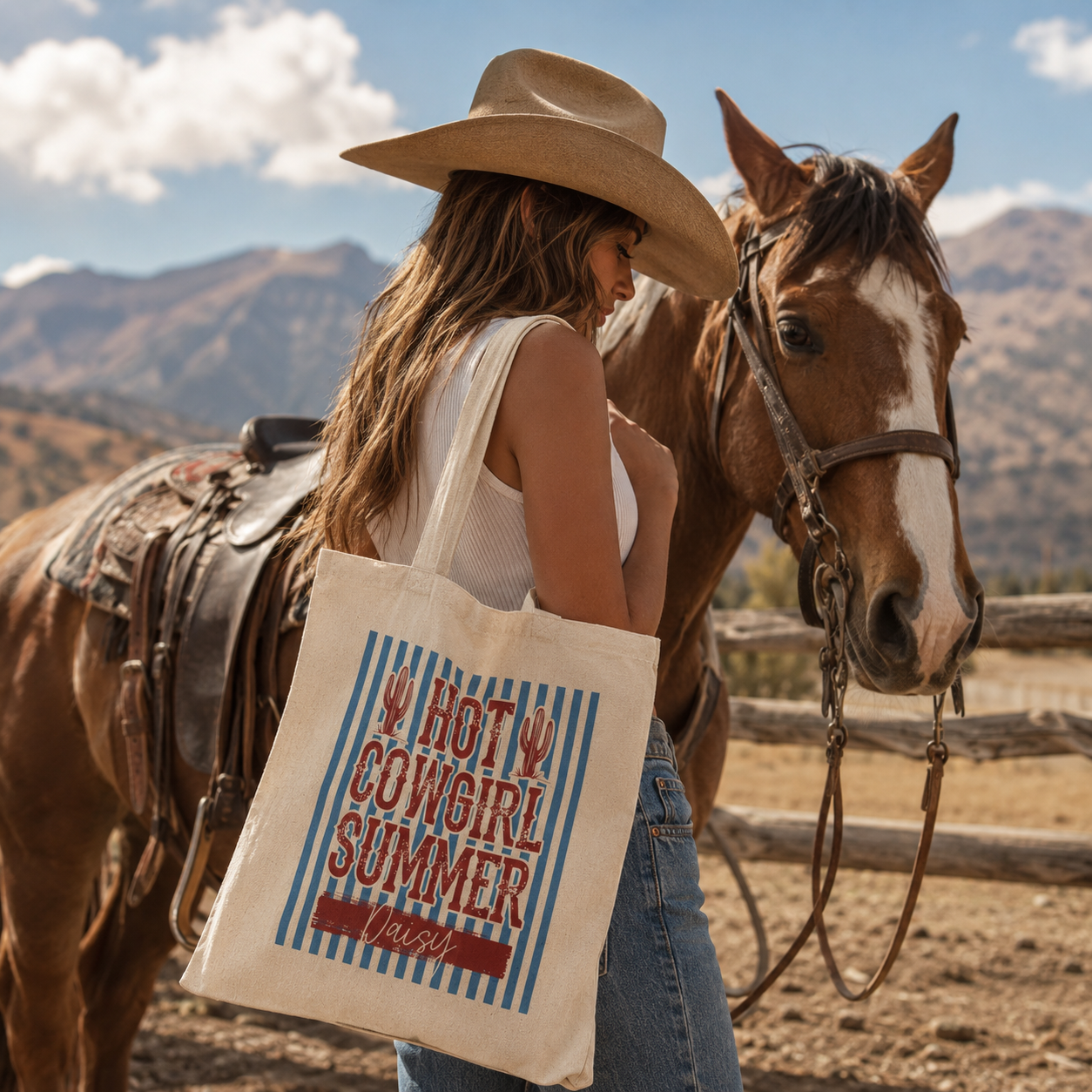Personalized hot cowgirl summer tote bag shown worn on shoulder, lifestyle photo