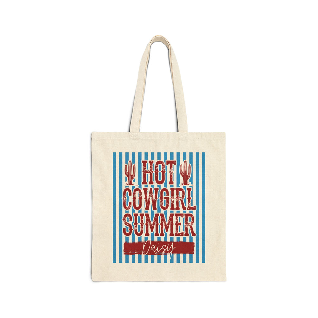 Personalized hot cowgirl summer canvas tote bag with custom name, maroon and blue cactus design