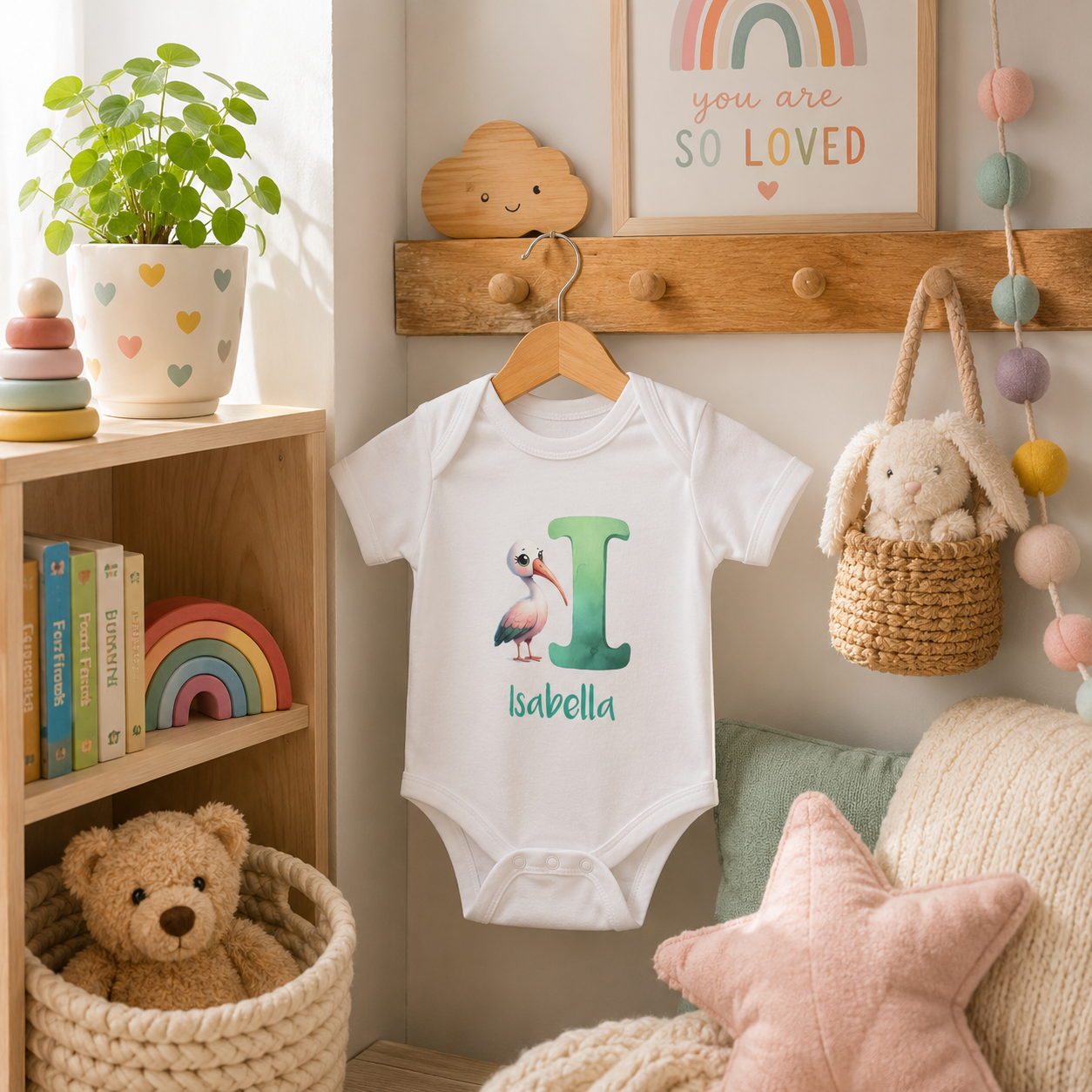 Initial I bodysuit with ibis and name in script – flat lay