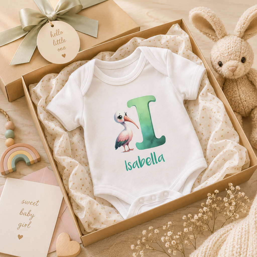 Close-up of I initial and ibis on baby bodysuit