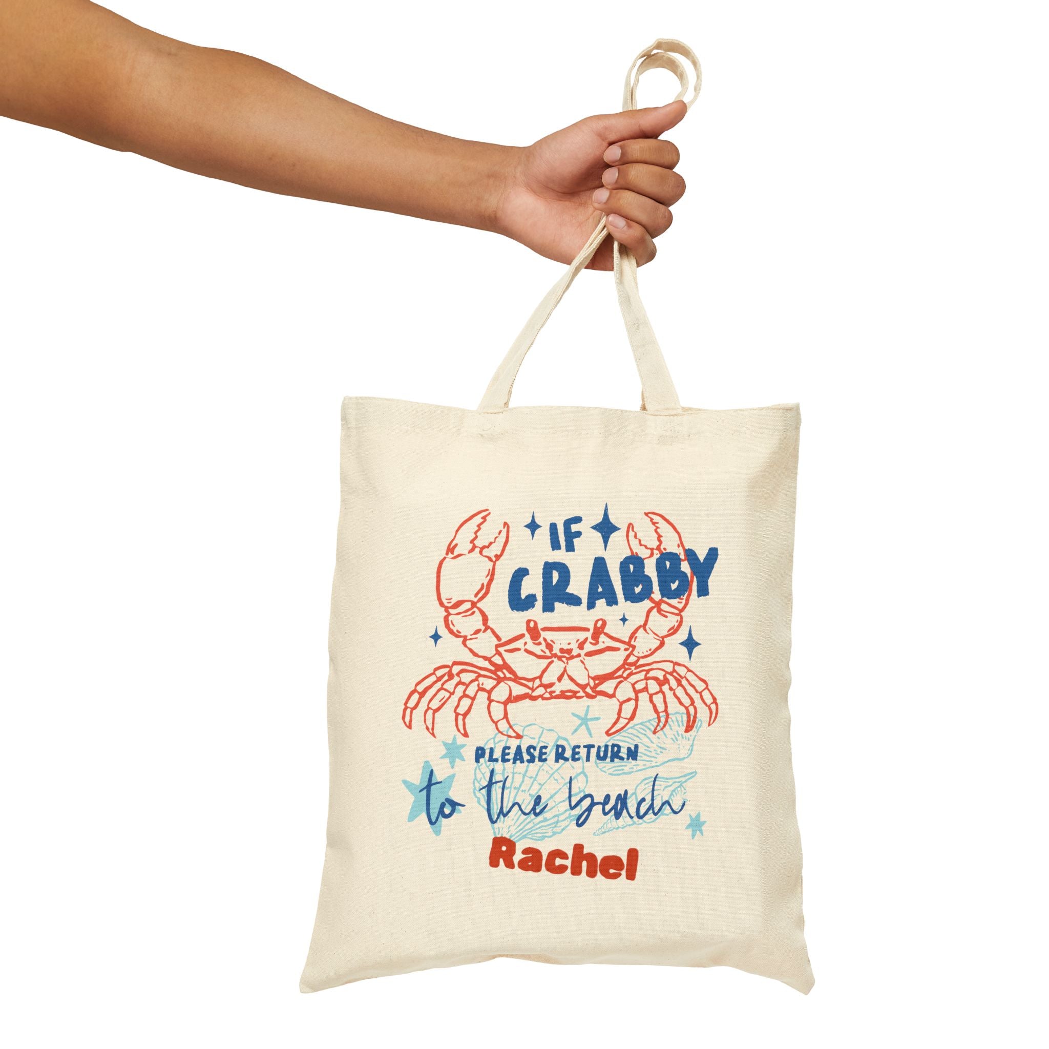 Personalized if crabby canvas tote bag styled in a home setting