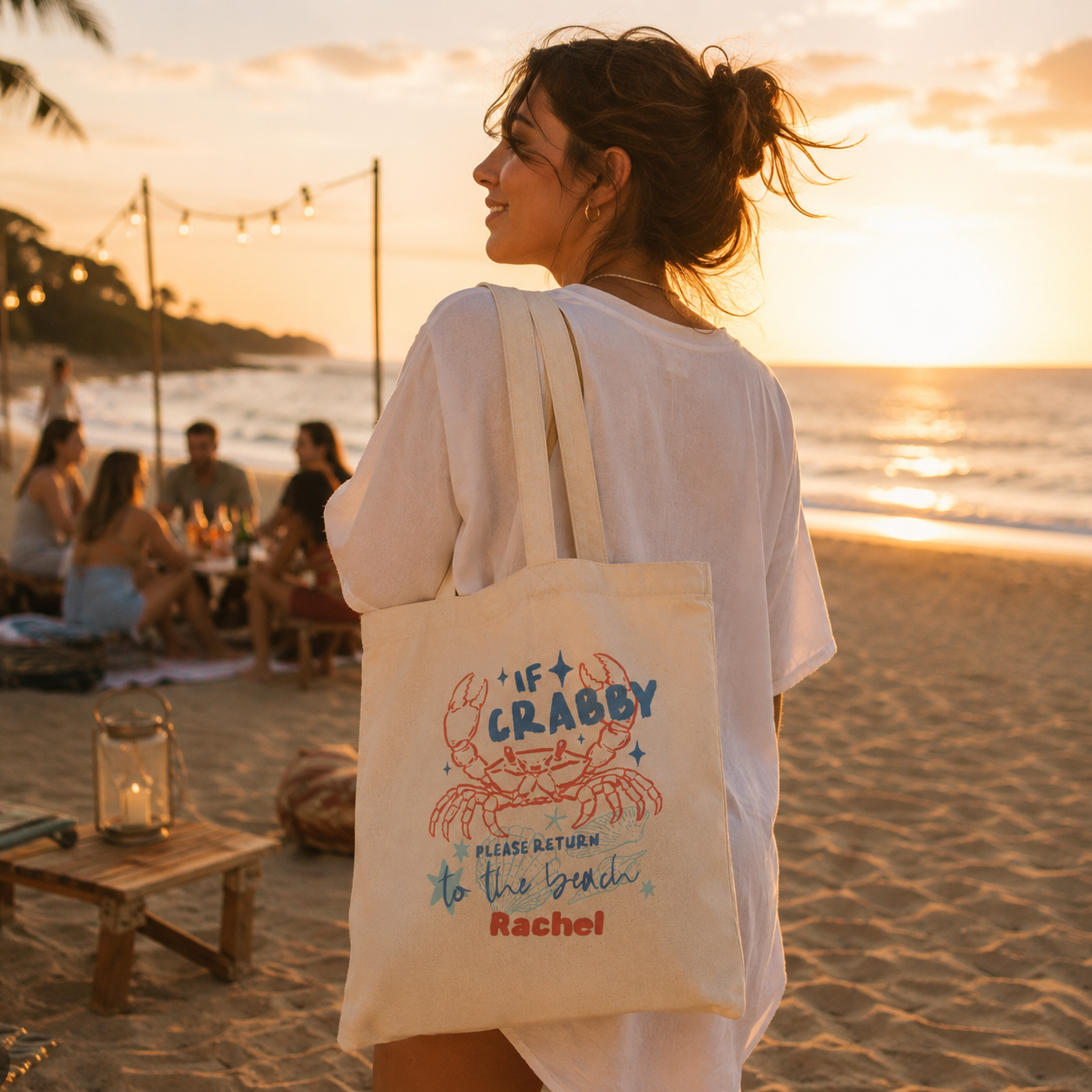 Personalized if crabby tote bag shown worn on shoulder, lifestyle photo