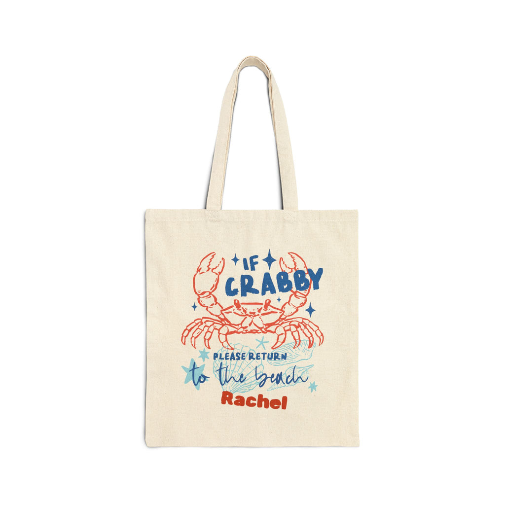 Personalized crab canvas tote bag with custom name, if crabby please return to the beach design