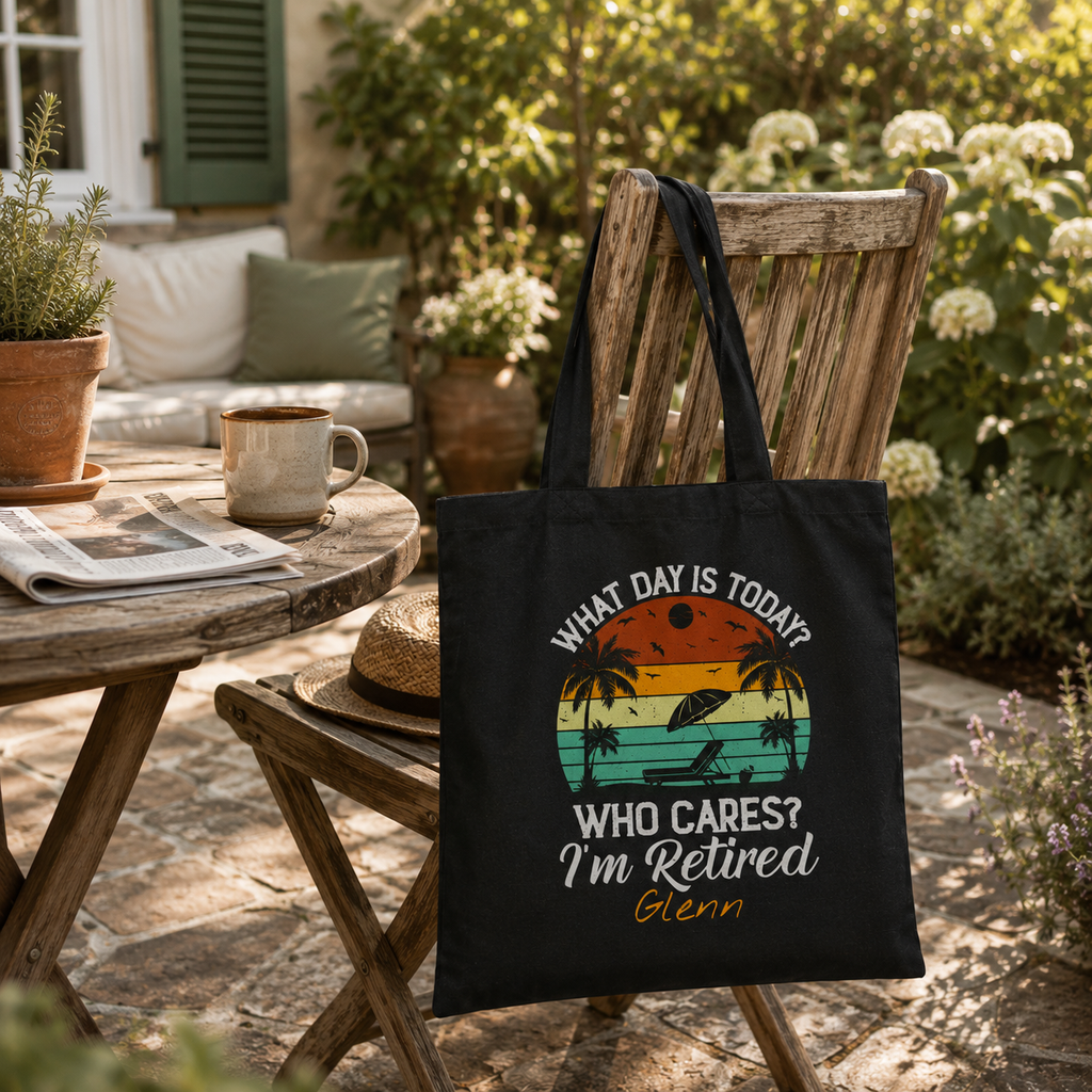 Close-up of retirement beach print and custom name on canvas tote bag